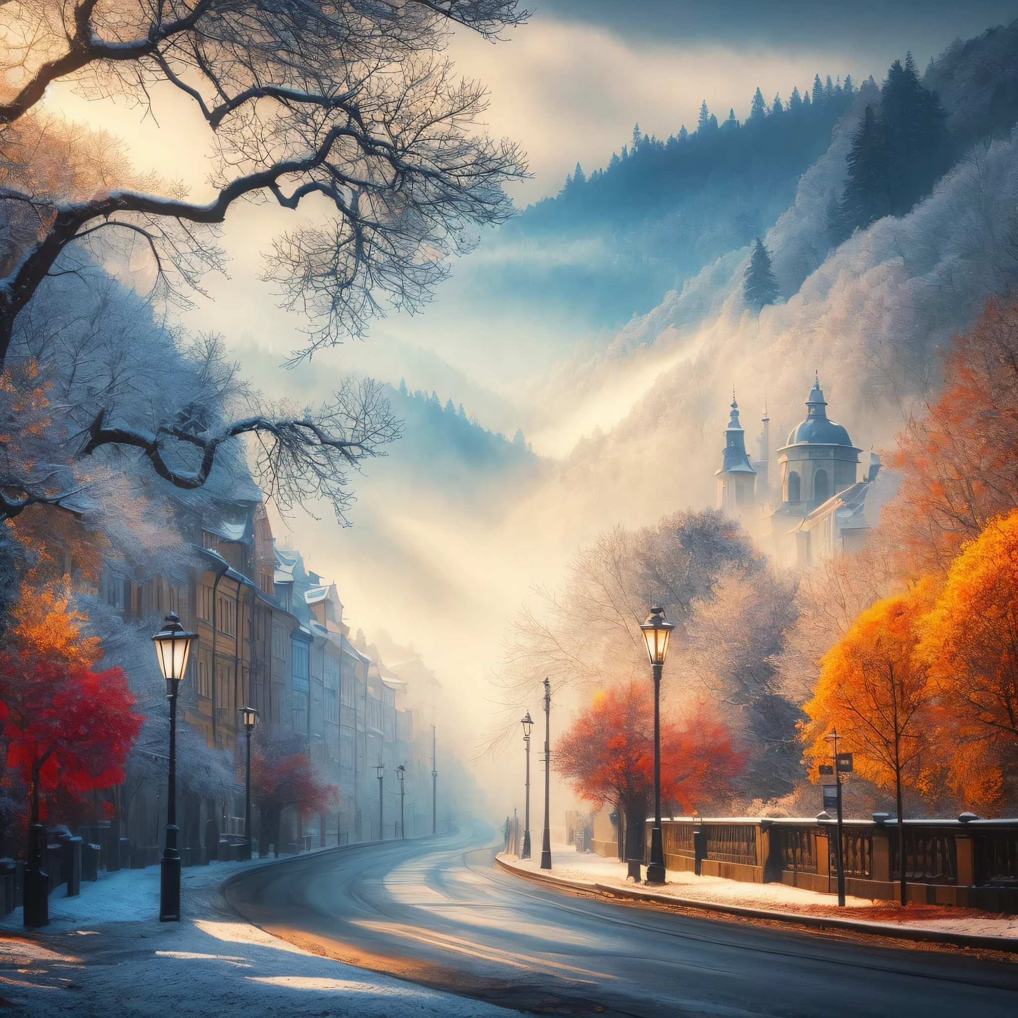 View of the street with street lamps and snowy hills, bussiere rutkowski andreas rocha, beautiful art uhd 4 k, Foggy Pictures 8K, city of pristine colors, Sparkling colorful mist, 8k stunning artwork, Mysterious winter landscape, Cold but beautiful, Magic fog, Perfect composition Artem Demura, Gabor Sikzai