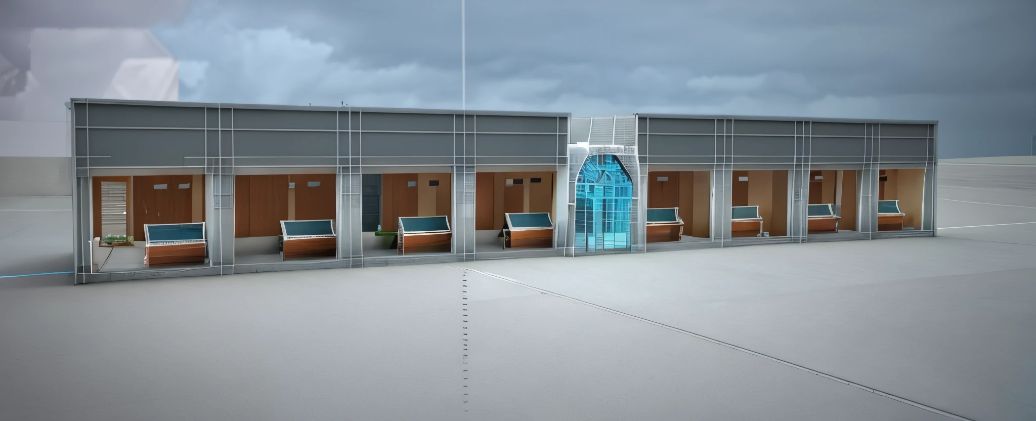 a rendering of a building with a lot of windows and a sign, rendered 3d model, concept image, 3 d rendered, 3d rendered, front perspective, 3d rendered model, with 3d render, with 3 d render, digital rendering, orthographic 3d rendering, 3 d rendering, 3d rendering, conceptual rendering, 3 / 4 view