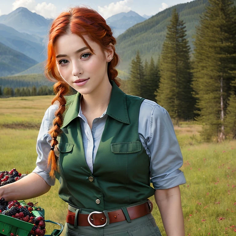 1girl, pretty face, 25 years old, red hair, braid on shoulder, green shirt, green vest, gray cargo pants, belt BREAK picking berries, open meadow, forest, mountains in the background
