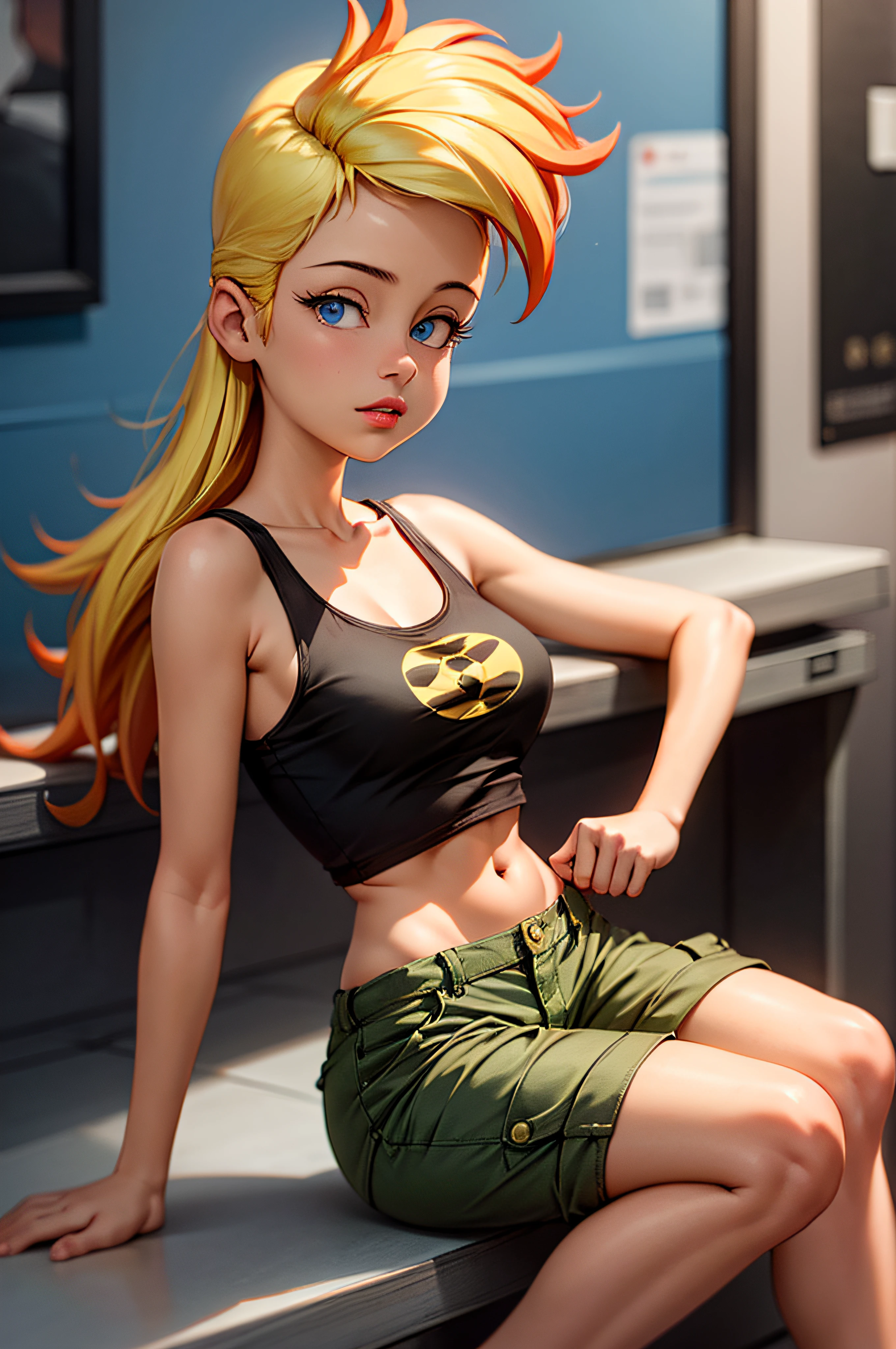 ((masterpiece, best quality)),(complex light),1girl, solo, portrait, jenny test, blonde hair,blue eyes, pants, running, midriff, open shirt, tank top, long hair, short sleeves shirt, looking at the viewer, sitting, barefoot