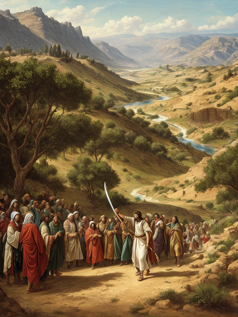 "Draw a scene where Joshua is leading the people of Israel, raising his sword and guiding them toward the promised land. In the background, depict the Jordan River and some of the twelve tribes of Israel following it with determination and hope."