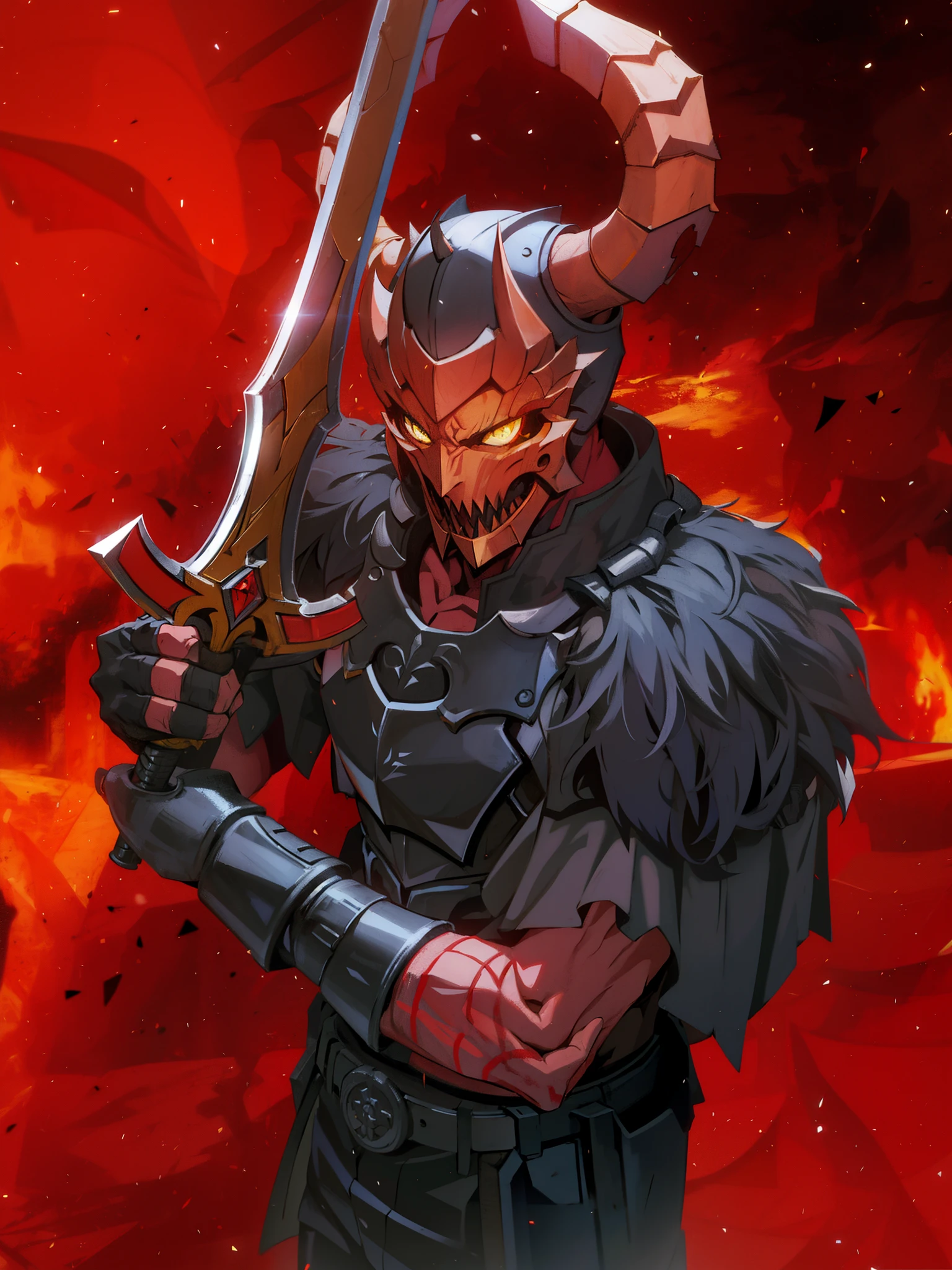 Demon, holding a sword,4k, yellow eyes, black armor