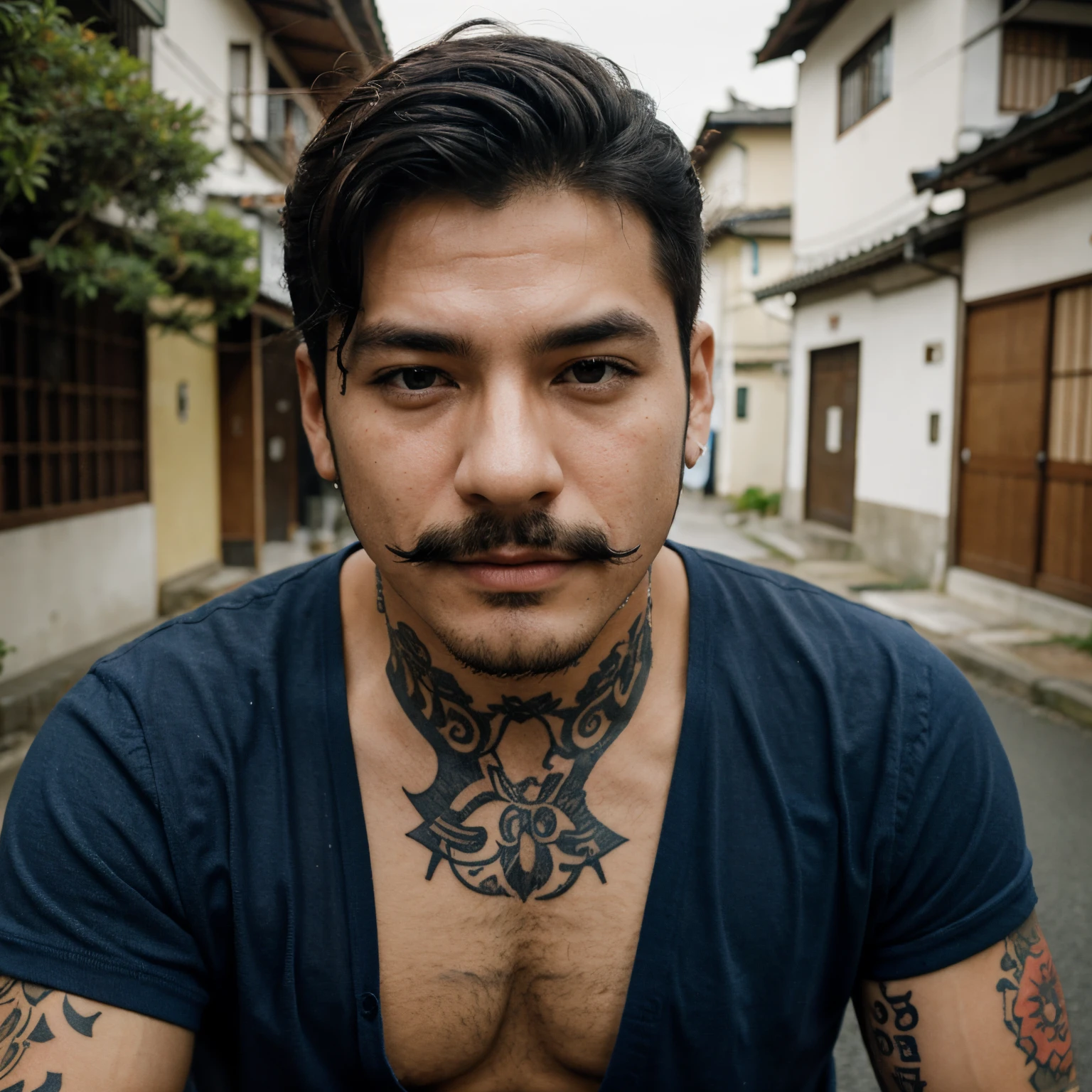 Homem, moreno, futuro, bigode, abstrato, tatuagem, Japan, music