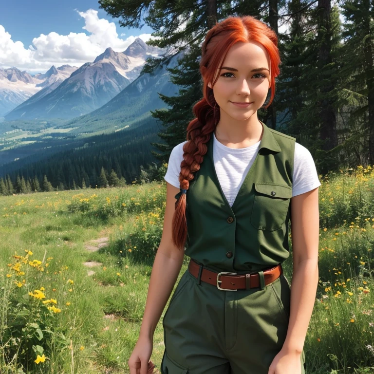 1girl, pretty face, 25 years old, red hair, braid on shoulder, green shirt, green vest, gray cargo pants, belt BREAK picking berries, open meadow, forest, mountains in the background