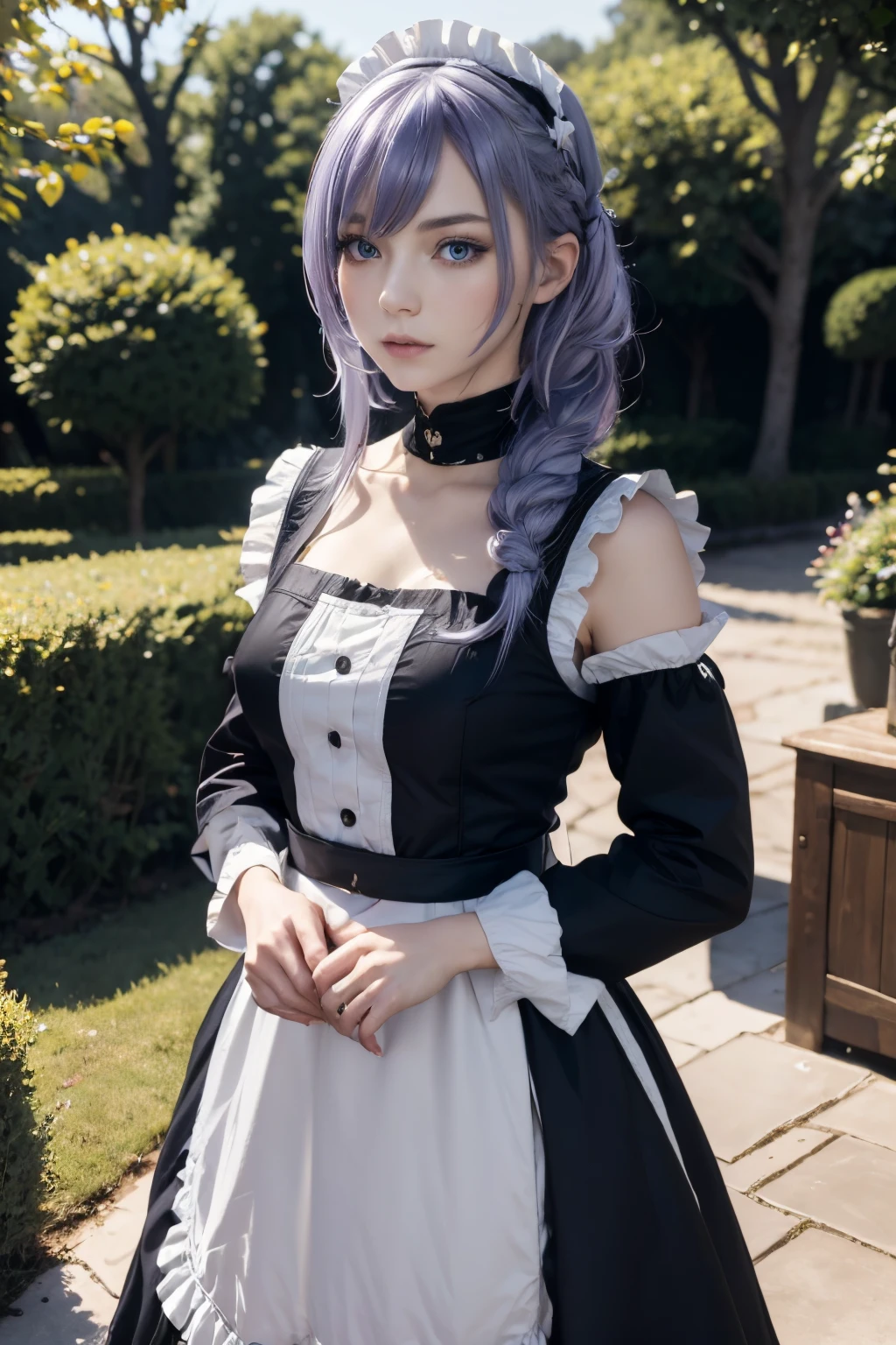 The tooltip for a given topic is as follows: "Girl with a European face, Aryan face, 20years old, Silvery-purple hair, pale purple-blue hair, Bright blue eyes, Her hair is tied up in a bun and falls to her right shoulder. (Dressed in a comfortable maid outfit.: 1.3), (((clothes in dark colors))), close-fitting clothes, (Best Quality, 4k, 8K, hight resolution, Masterpiece:1.2) Ultra-detailed features, including realistic, Photorealistic eyes and face. The figure shows the media (Insert Material) that resembles an illustration, oil painting, or 3D rendering. Girl in the garden with bright flowers and sharp focus, soft studio lighting. The overall atmosphere is calm and serene, with a touch of unearthly beauty. The color scheme is dominated by shades of black, Creating a dreamy and surreal aesthetic."