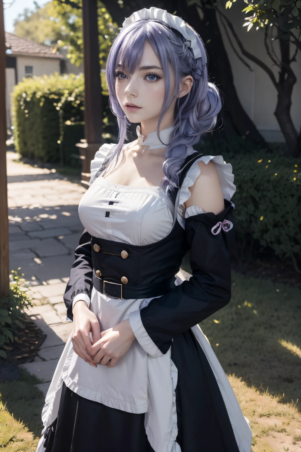 The tooltip for a given topic is as follows: "Girl with a European face, Aryan face, 20years old, Silvery-purple hair, pale purple-blue hair, Bright blue eyes, Her hair is tied up in a bun and falls to her right shoulder. (Dressed in a comfortable maid outfit.: 1.3), (((clothes in dark colors))), close-fitting clothes, (Best Quality, 4k, 8K, hight resolution, Masterpiece:1.2) Ultra-detailed features, including realistic, Photorealistic eyes and face. The figure shows the media (Insert Material) that resembles an illustration, oil painting, or 3D rendering. Girl in the garden with bright flowers and sharp focus, soft studio lighting. The overall atmosphere is calm and serene, with a touch of unearthly beauty. The color scheme is dominated by shades of black, Creating a dreamy and surreal aesthetic."