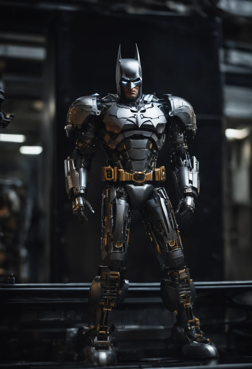 Imagine an intense scene featuring a highly detailed Batman transformed into a complete robot made out of steel, hydraulics, and computer components. Dive into the micro-detail realm to capture the intricacies of his robotic form, emphasizing the realistic representation of steel, hydraulics, and integrated computer components.

Highlight the robotic elements with extreme micro-details, showcasing the interplay of steel plates, hydraulics, and intricate computer components that make up Batman's cybernetic body. Zoom in on the mechanical joints, gears, and wiring, bringing to life the precision and complexity of his fully robotic structure.

Emphasize the texture and reflective qualities of the steel exterior, capturing the way light interacts with the metallic surface. Dive into micro-details to showcase the wear and tear, scratches, and imperfections that add authenticity to Batman's robotic form.

Consider the lighting to enhance the micro-details, using shadows to create depth and highlight the intricacies of the robotic components. Utilize the rendering capabilities to create an image with a futuristic and gritty atmosphere, conveying the seamless integration of human and machine in this fully robotic version of Batman.

Imagine the robotic Batman in a powerful and imposing pose, showcasing the strength and resilience of his machine form. Craft an image that not only captures the micro-details but also conveys the essence of this complete robot, blending the iconic Batman silhouette with the relentless precision of a steel, hydraulic, and computerized structure.

This detailed prompt aims to inspire the creation of a highly detailed and micro-focused depiction of a complete robot Batman, made out of steel, hydraulics, and computer components, with extreme attention to the intricacies of his robotic form. With a robot face