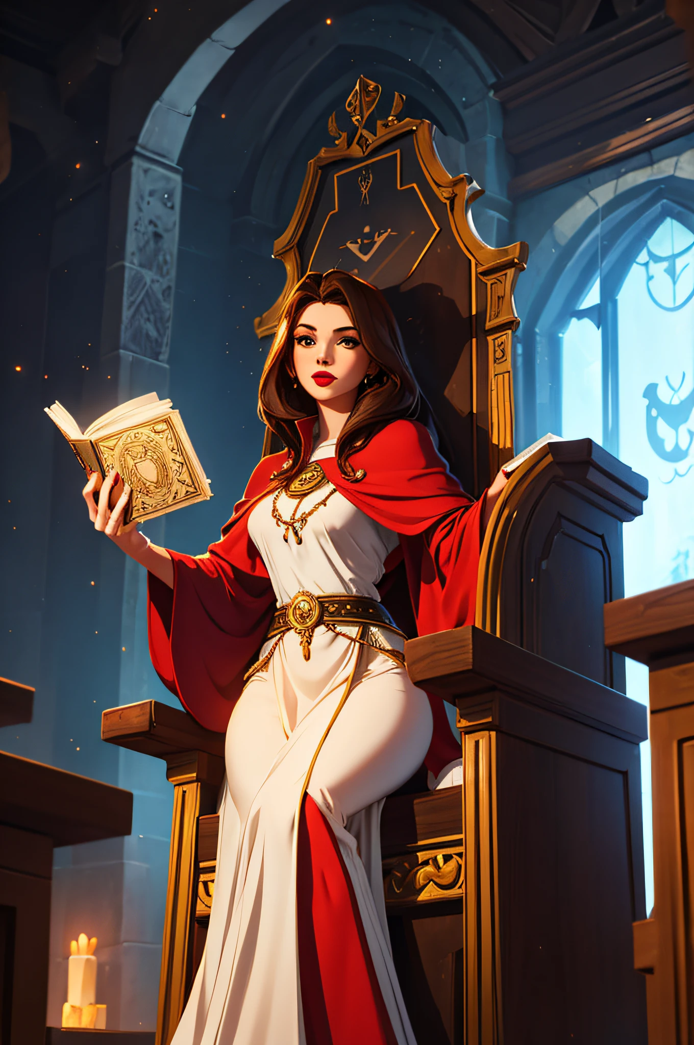 Priestess tarot card, Beautiful woman, perfect body, red lipstick, very dark brown hair, white, light brown eyes, woman sitting, holding a book, sitting on a simple throne, 8k, best quality, high details, ((seen from afar)), cinematic lighting, looking at the viewer, cowboy photo, UHD, 8K,