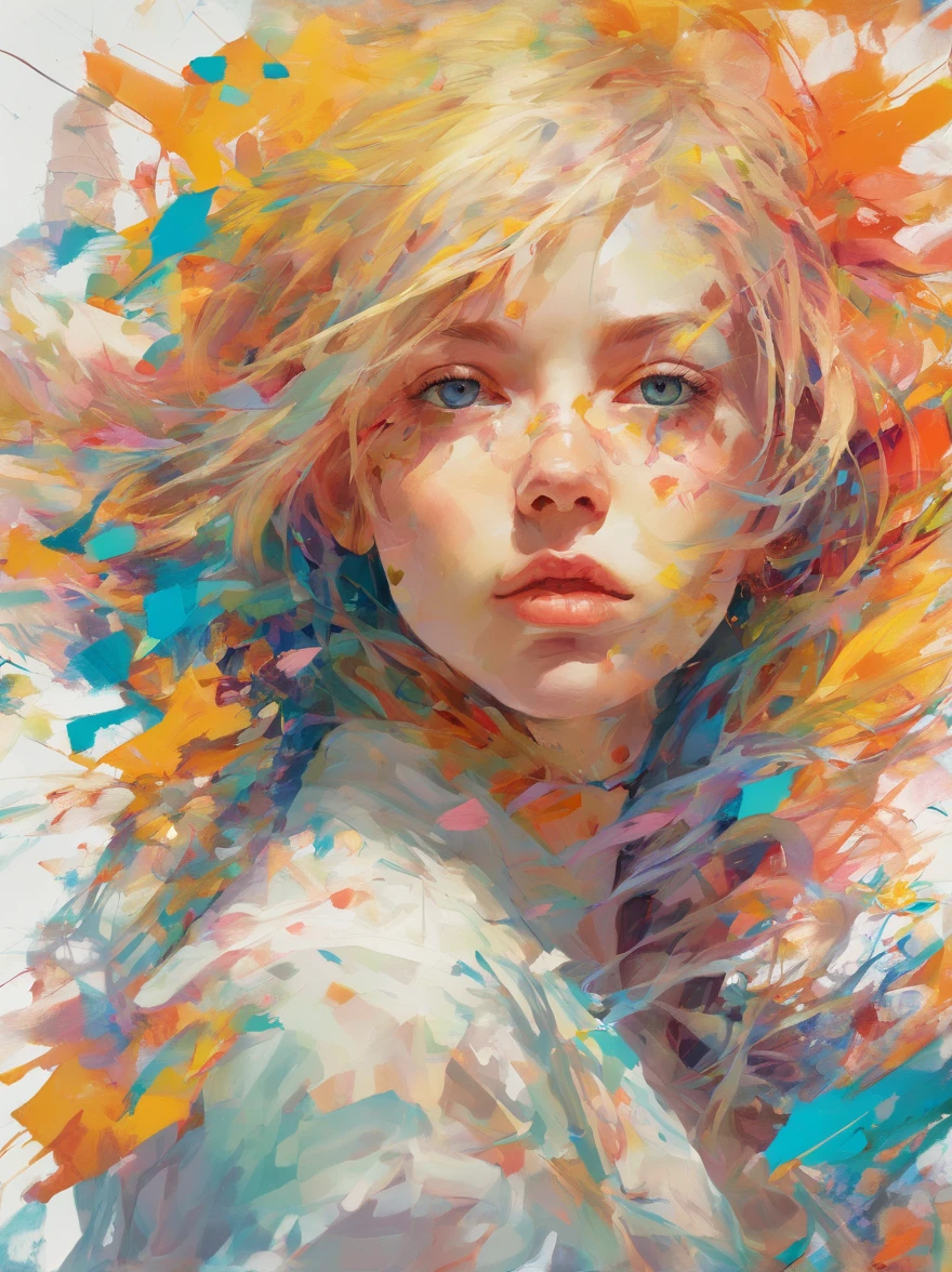 Perfect alignment, White coat, Paint the trajectory(Paint Trails), crystalline, Daisy Flower, yellow, Blue eyes, saddened, Long Blonde Hair, rest position, Abstract beauty, Beautiful young girl with a thin face, Centered, Looking at the viewer, Facing the camera, sad, sky face, Thin, 15 years old, Broken glass, near perfect, Dynamic, Highly detailed, Smooth, Sharp Focus, 8K, hight resolution, Illustration, art by:shinkawa youji, carne griffiths and wadim kashin, White background