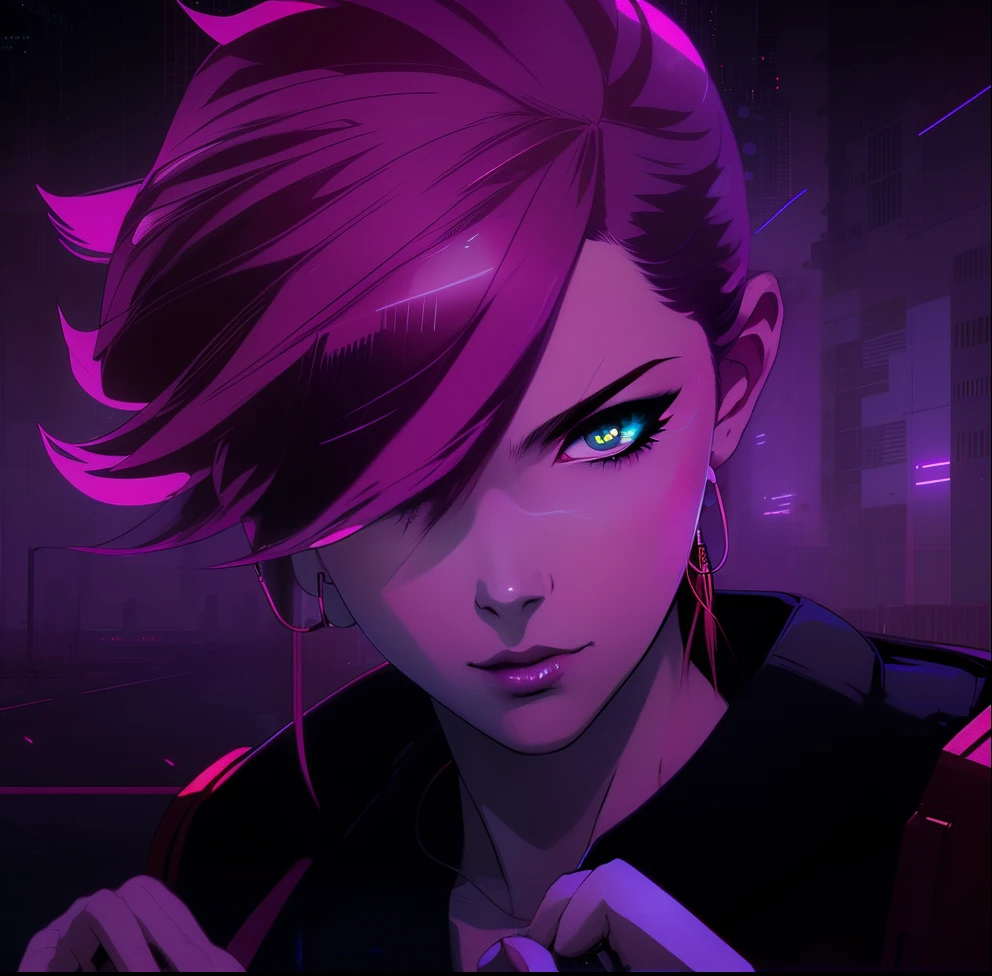 um close up de uma pessoa com cabelo rosa e piercings, um assassino adolescente ousado, jett de valorant, KDA, protagonista feminina, Neonpunk, Arte no estilo de Guweiz, chloe price, Retrato de Jinx de Arcane, VI, ARCANE, Loish |, Kuvshinov, Anime cyberpunk moderno