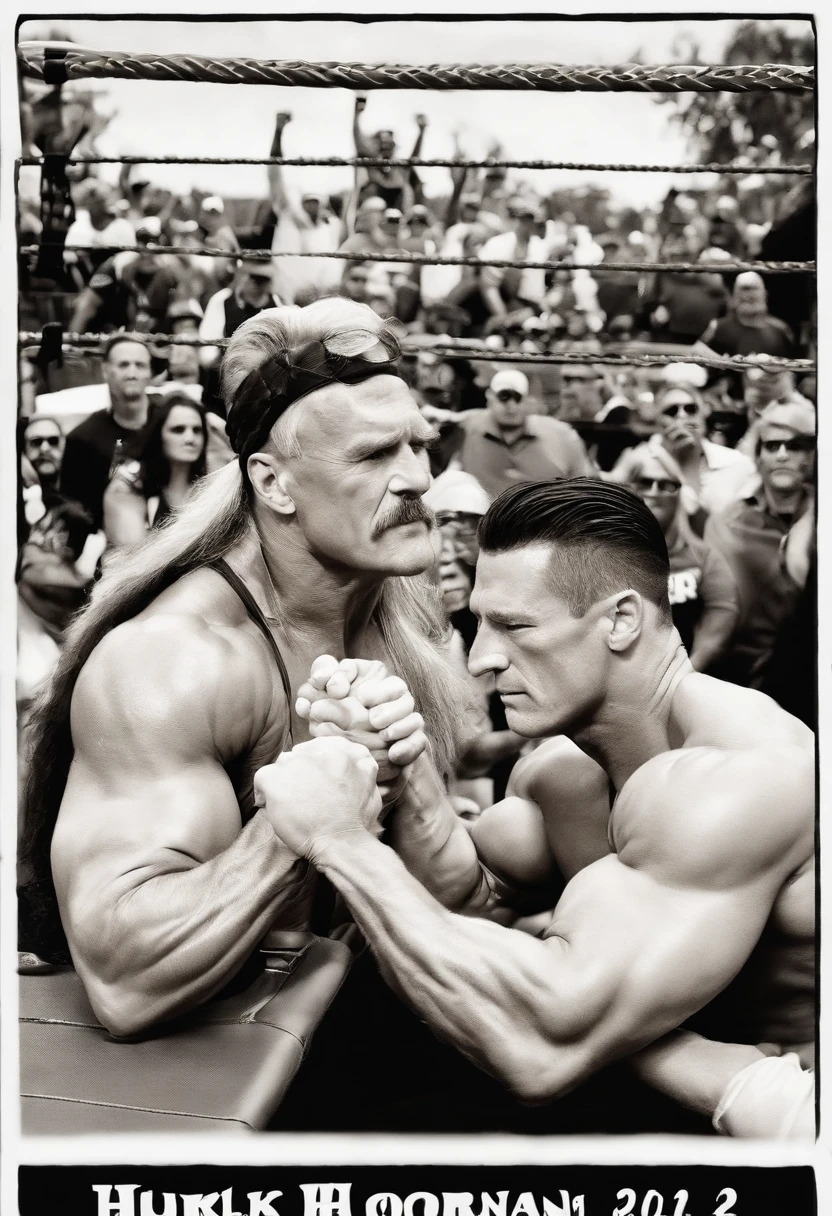A shot of Hulk Hogan arm wrestling with John Cena at a charity event,WWE Wrestling,Hulk Hogan