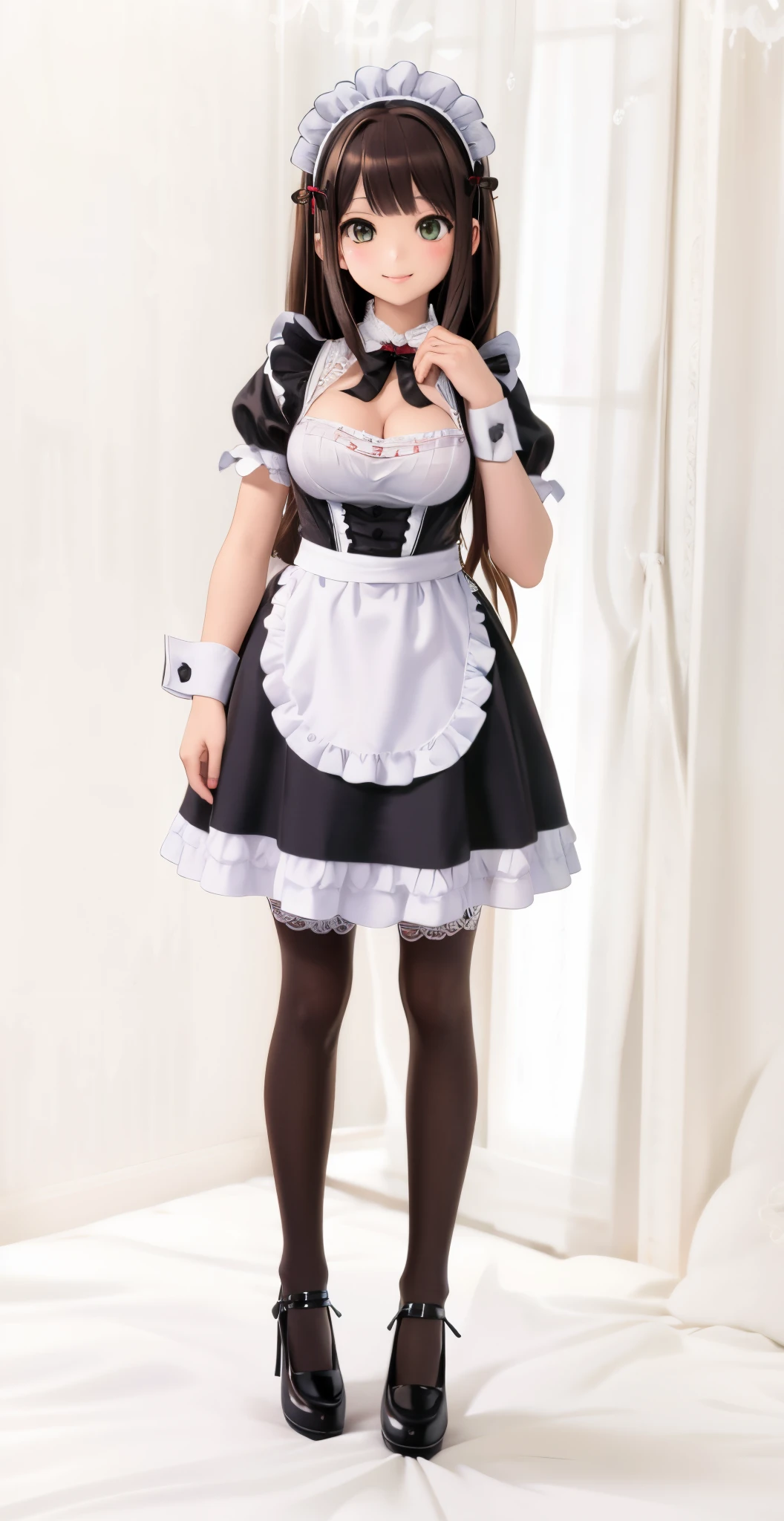 ((masterpiece)), ((highest quality、Ultra high definition)), (Very detailed),8K、(Photo quality)、(((Amazingly cute girl))), , (Beautiful emerald blue eyes), ((smile)),Glossy lips、In the open-air bath overlooking the sea, Beautifully arranged black hair in twin tails、Lace fabric ribbon、whole body、(Slim figure)、((Super high-end white see-through summer gothic lolita maid costA super mini skirt with lots of frills))、Professional Lighting、(White lace knee-highs)、(More detailed and beautiful)、(More details and cutenesore realistic)、White panties are visible、