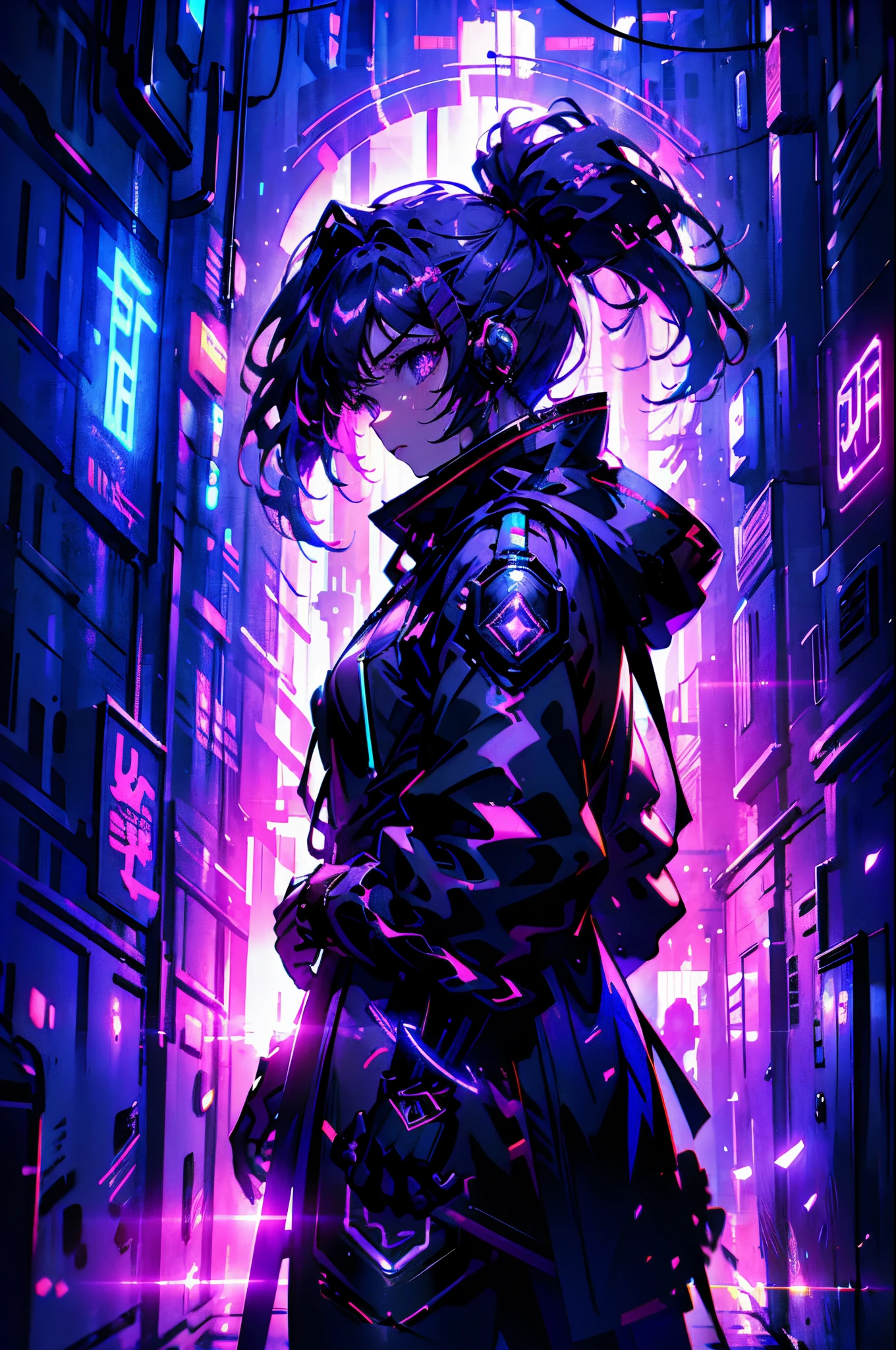 In Cyber punk city, a small boy standing in angle appearance having  holo over his head , his dress can reflect lights around, side portrait,half body, in crowd looking straight, Cyber punk city lighting in background, 3d anime, niji anime. high quality, 8k ultra hd , highres