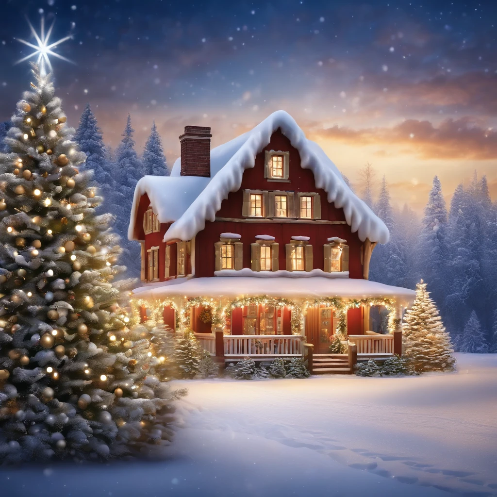 A Christmas-themed Stable Diffusion prompt: "A cozy winter scene with a beautiful Christmas tree surrounded by softly falling snowflakes, (best quality, 4k, highres, masterpiece:1.2), warm and inviting atmosphere, joyful and festive ambiance, (vivid colors, vibrant hues:1.1), (soft lighting, warm glow:1.1), (detailed ornaments and decorations:1.1), (glistening lights and sparkling tinsel:1.1), (crisp and fresh scent of pine:1.1), (festive holiday music playing softly in the background:1.1), (happy family and friends gathering around the tree:1.1), (excited children opening presents:1.1), (warm fireplace crackling nearby:1.1), (delicious aroma of freshly baked cookies:1.1), (fluffy stockings hanging by the chimney:1.1), (comfortable and cozy lounge chairs:1.1), (smiling faces and laughter:1.1), (magical and enchanting atmosphere:1.1), (snow-covered landscape outside the window:1.1), (soft and fluffy snowflakes settling on the ground:1.1), (joy and love in the air:1.1), (santa claus and his reindeer flying across the sky:1.1), (happy and peaceful holiday season:1.1), (cherished memories being made:1.1), (reminiscing about past Christmases:1.1), (decorating gingerbread houses and hanging mistletoe:1.1), (festive holiday attire:1.1), (sparkling star on top of the tree:1.1), (snowy streets and glowing street lamps:1.1), (children building snowmen and having snowball fights:1.1), (wonder and excitement in the eyes of children:1.1), (dreams of sugarplums:1.1), (graceful ice skating on a frozen pond:1.1), (cozy scarves and mittens:1.1), (warm cups of hot chocolate:1.1), (spending quality time with loved ones:1.1), (feelings of gratitude and giving:1.1), (festive holiday cheer:1.1), (peace and goodwill towards all:1.1), (celebrating the magic of Christmas:1.1), (memorable and heartwarming moments:1.1), (spreading joy and kindness:1.1), (Christmas spirit in the air:1.1), (magical starry night sky:1.1), (dreams of a white Christmas:1.1), (holiday wishes coming true:1.1), (exci