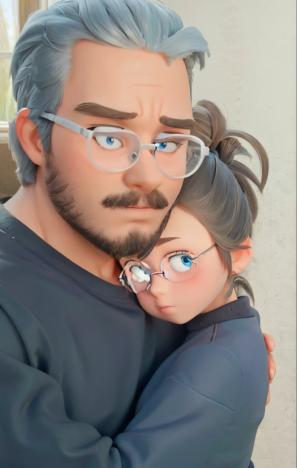 Couple side hugging poster about young very tiny adult white female and young so big boy like gym boy. Girl has crystal blue eyes. boy has brown big eyes and wearing clear spects. Both has black eyebrows. Both has black log knot haris. make it a disney pixer 3d animation
