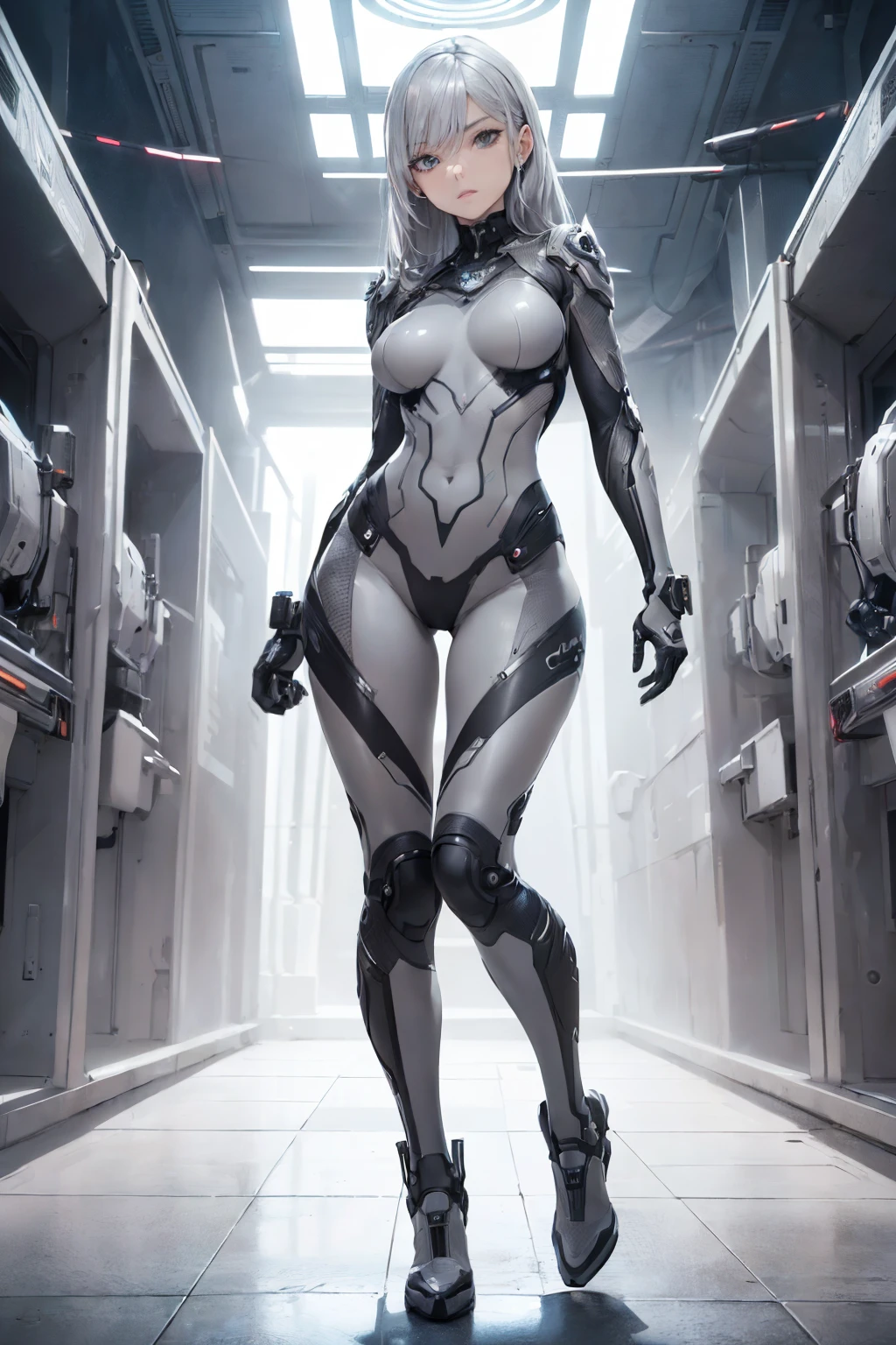 (masterpiece, 1 girl, stunning, cute, impressive, absurdres, highres, hands on hip), detailed face, detailed eyes, ((futuristic grey skin suit, fit, beautiful)), full body view, professionally made, cover art,(full body)