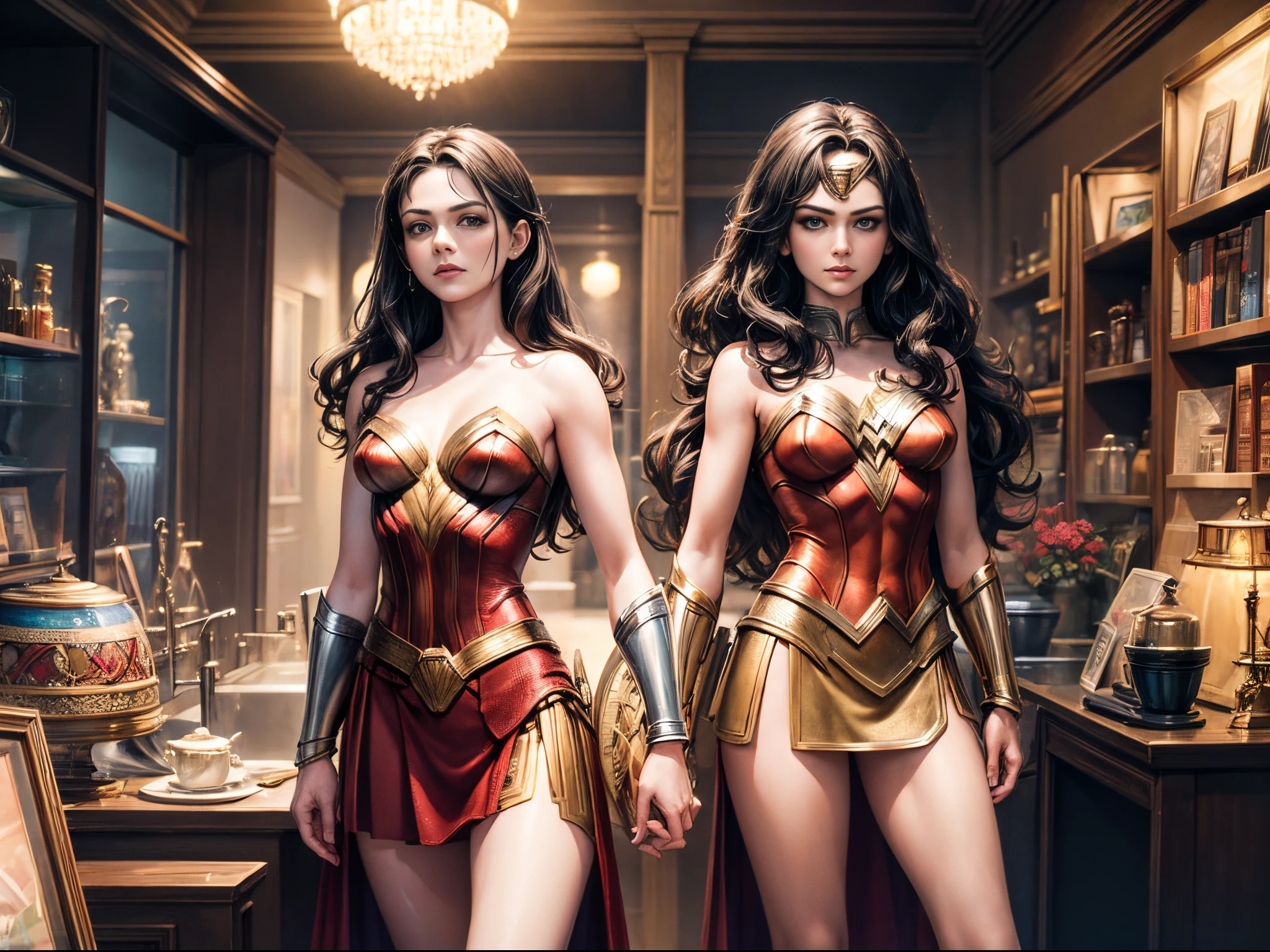 Explore the concept of time travel within the Plex interface, portraying different Wonder Women from distinct eras coexisting in a dynamic and visually intricate tapestry.
