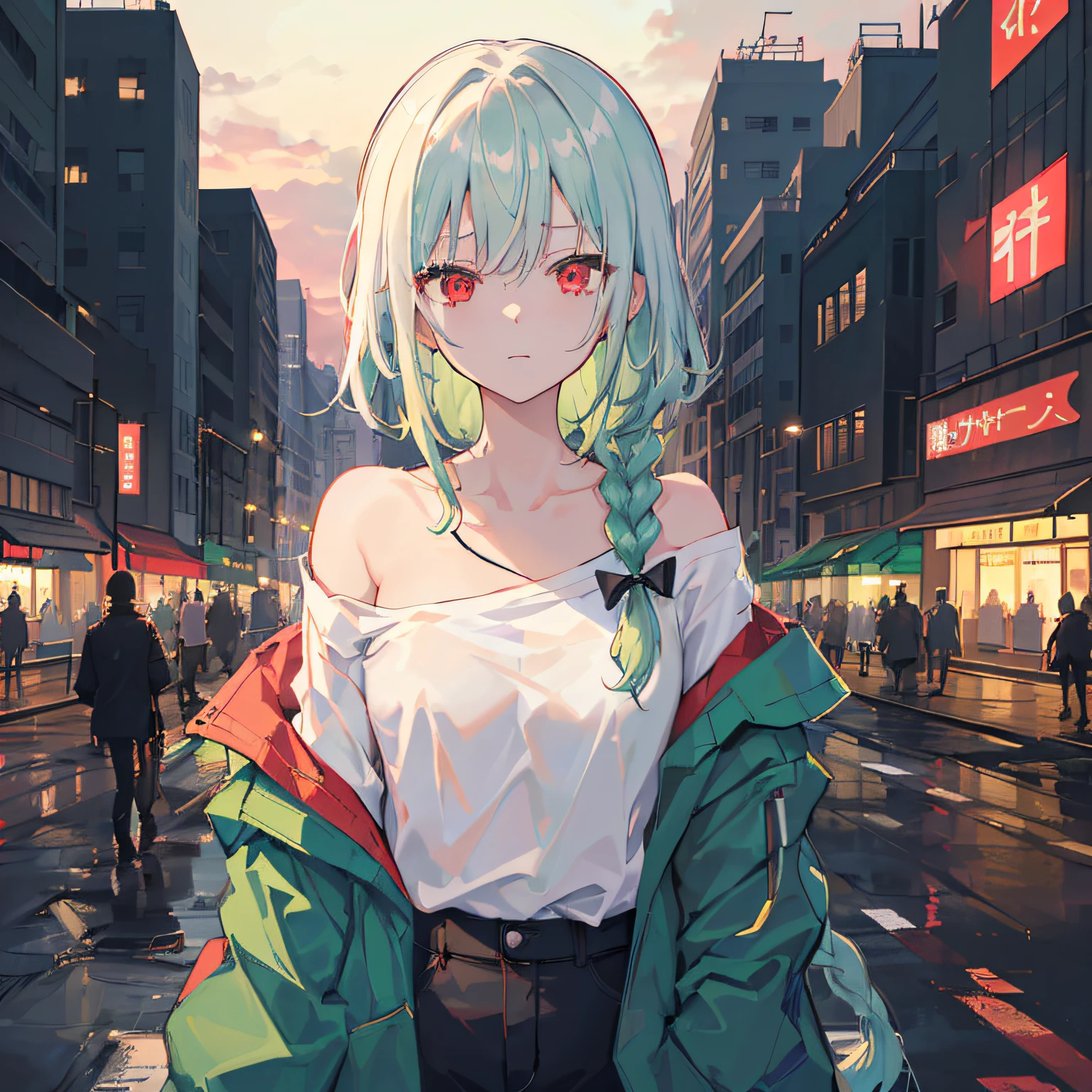 1girl in, 独奏, Lori, 小柄,(Night_skyporn), (very_long_Green_hair), Braids, (Red_Eyes), Medium_breasts, (white_Shirt:1.5), (windbreaker), (Off_Shoulder:1.2), (portlate), blazing_Eyes, Background_light, (Cityscape:1.5), (neons_A light:1.2), (scienc), cyberpunked, ((masterpiece)), (Hi-Res), (best_quality), (highly_Detailed), (Original),(Delicate background),(Very detailed 8k wallpaper),cinematlic lighting, Volume Lighting, light Particle, Shaded_Face, Beautiful_Detailed_Eyes, Depth_in the_field、point of view、
