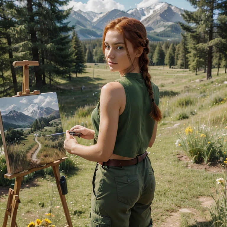 1girl, pretty face, 25 years old, red hair, braid on shoulder, green shirt, green vest, gray cargo pants, belt BREAK standing at easel, painting a landscape, open meadow, forest, mountains in the background