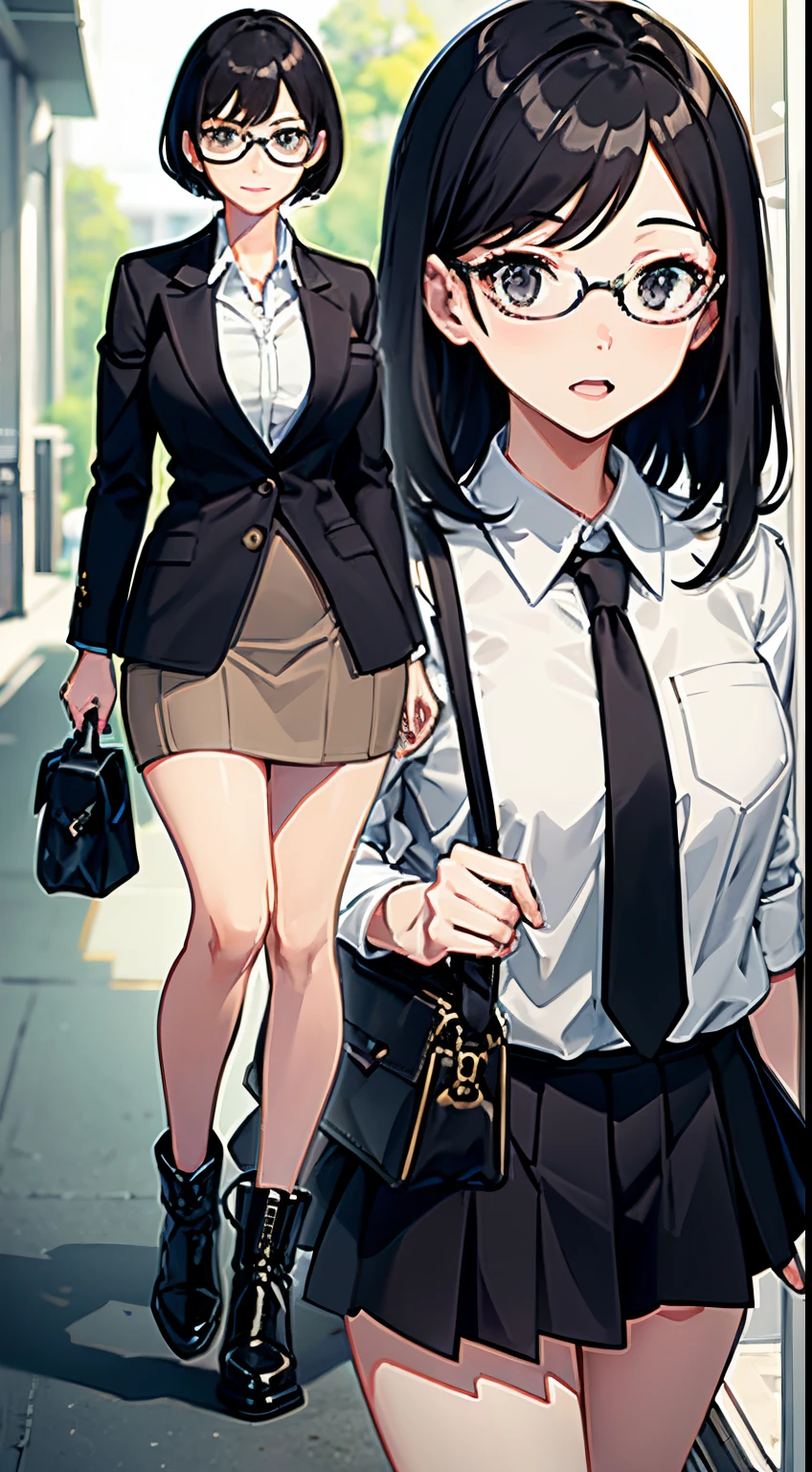 1 female 30-year-old, Black eyes, A MILF, Female Teacher, Detailed full body image with glasses, Short black hair, Curious face, Beige long coat、White teacher shirt, black teacher mini skirt,Long boots in beige、Black Teacher Jacket, Holding a bag, Walking, Classroom corridor, Extremely detailed, Best graphics, 8K, ultrasharp, masutepiece