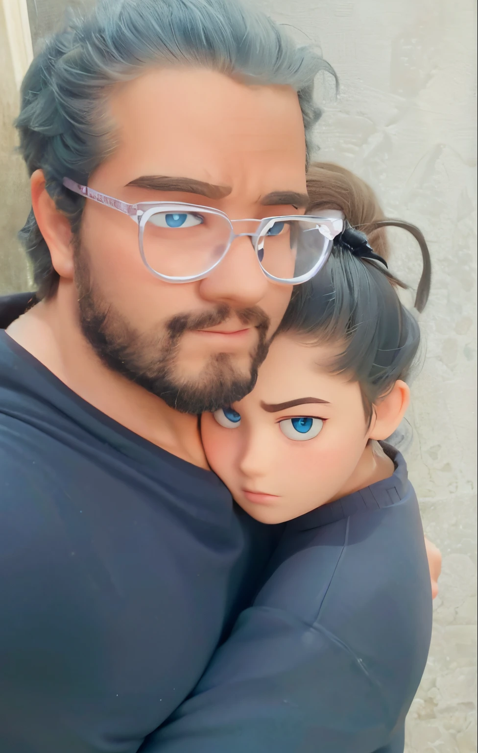 Couple side hugging poster about young very tiny adult white female and young so big boy like gym boy. Girl has crystal blue eyes. boy has brown big eyes and wearing clear spects. Both has black eyebrows. Both has black log knot haris. make it a disney pixer 3d animation