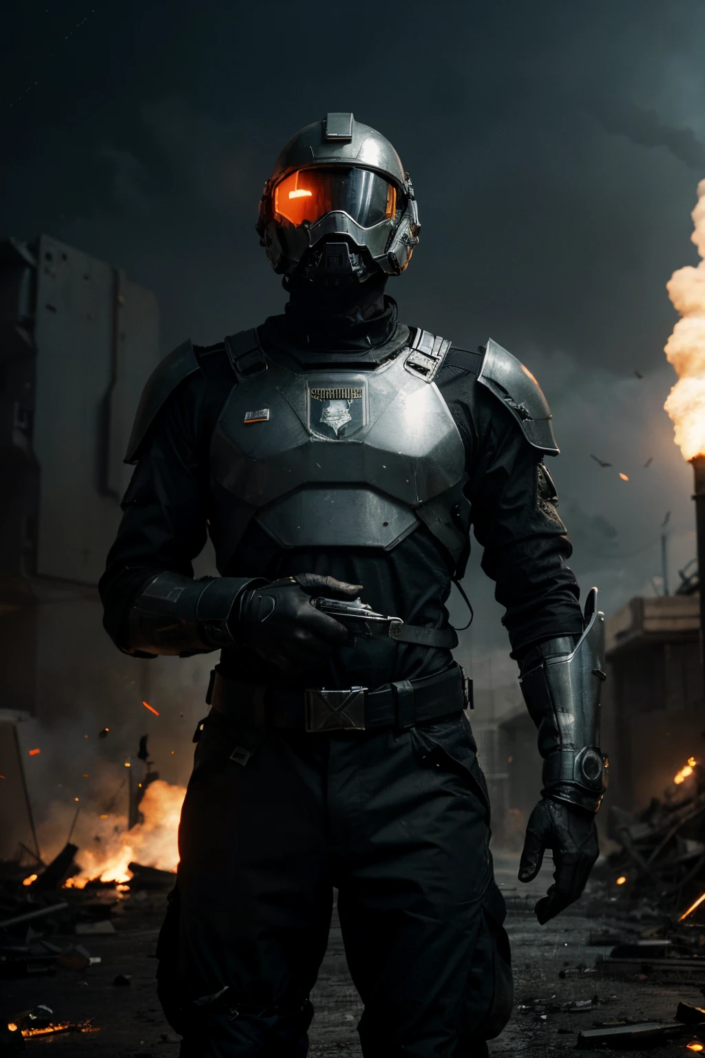 compelling image of a soldier from the future equipped with an imposing metal helmet, immersed in a futuristic war environment. Detail the helmet's unique features, such as its appearance, possible technological features, and any distinguishing marks. War scenery around the soldier, elements such as advanced weapons, futuristic military technology, debris and signs of conflict. Explore the atmosphere and mood of the environment to create an impactful and captivating visual representation.