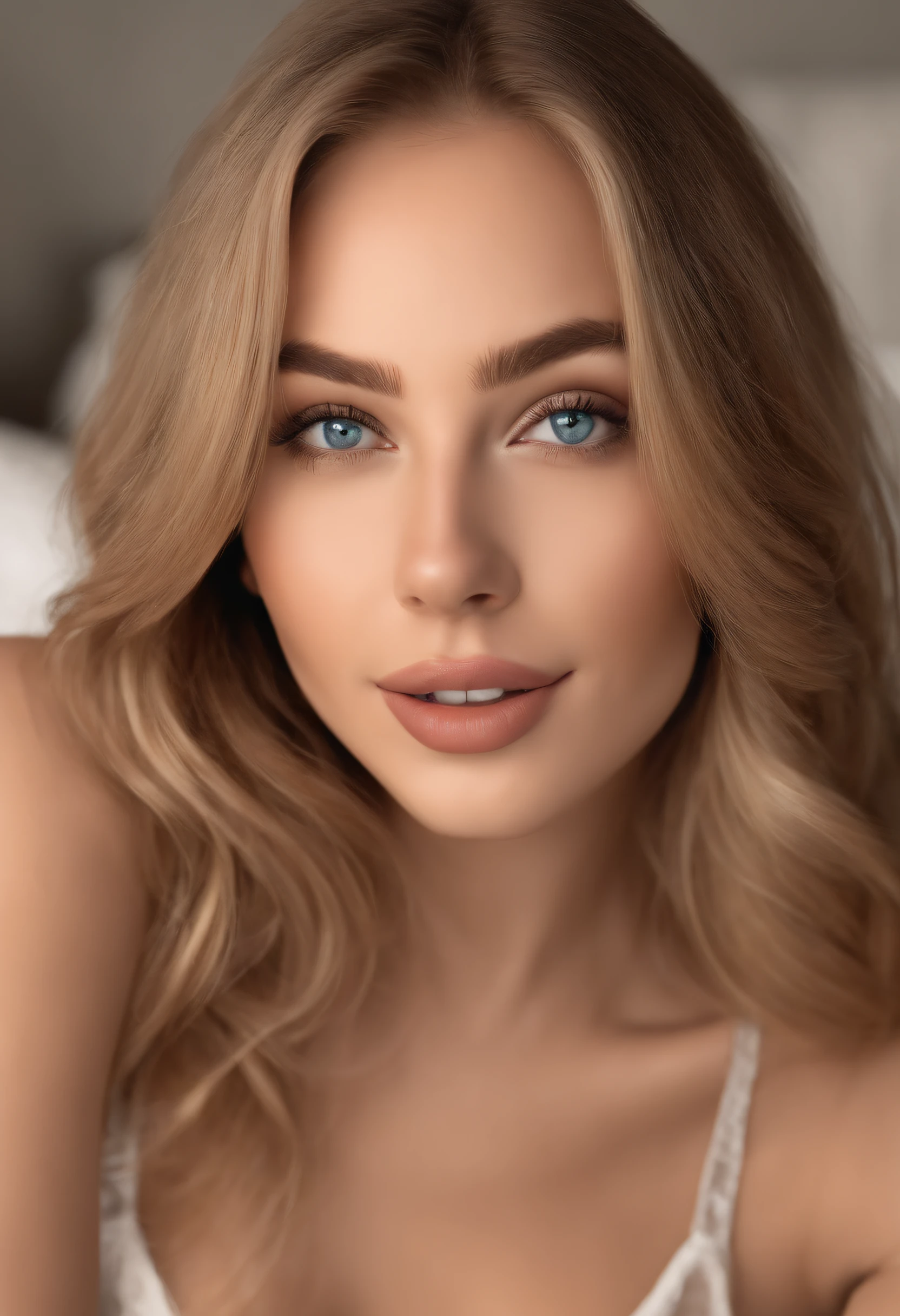 Arafed Full Woman, Sexy Girl with Blue Eyes, , Ultra Realistic, Meticulously Detailed, Portrait of Sophie Mudd, Blonde Hair and Big Eyes, Selfie of a Young Woman, Bedroom Eyes, Violet Myers, No Makeup, Natural Makeup, Looking Directly at the Camera, face artgram, subtle make-up, Impressive photo of the whole body kneeling on the bed, In the bedroom, Medium and large size chest, allowing the face to be seen clearly, portrait, with white thighs shorts and white bra,