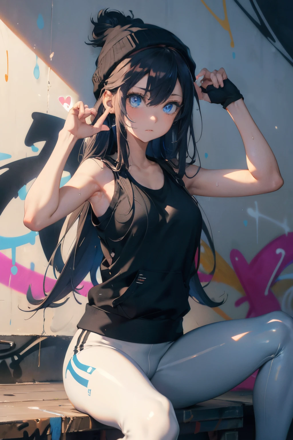 (​masterpiece:1.2、top-quality)、(graffiti wall:1.2)、1lady、Beanie、jaket、leggins、blue eyess、full body Esbian、yogapose、,Single 1 Girl，i&#39;i&#39;I&#39;m embarrassed to look away，White short socks，with a good figure，sport tank top，black yoga pants， sweat leggs ，Heart of Love，yogapose，Yoga Warrior Pose II Virabhadrasana II，