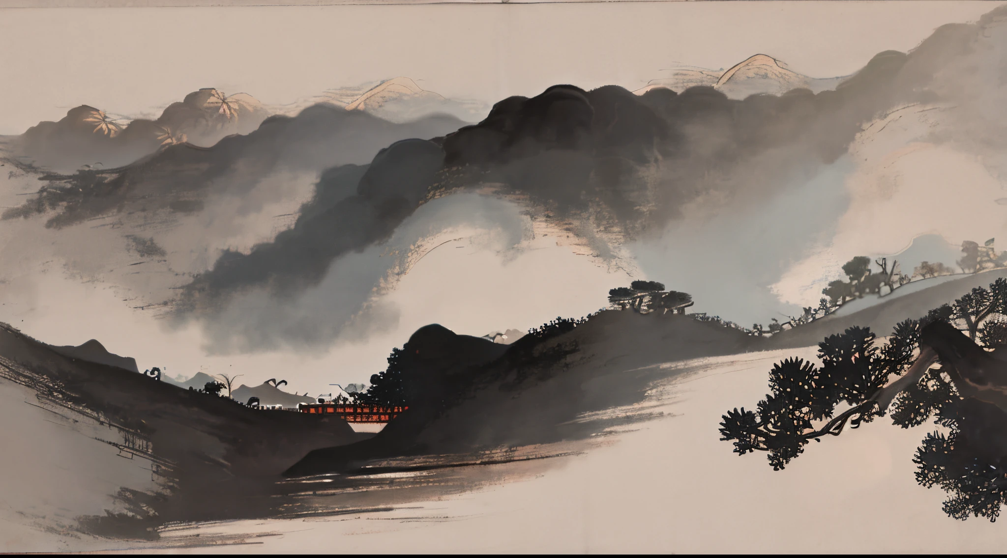 Chinese landscape painting,flod,(without humans)