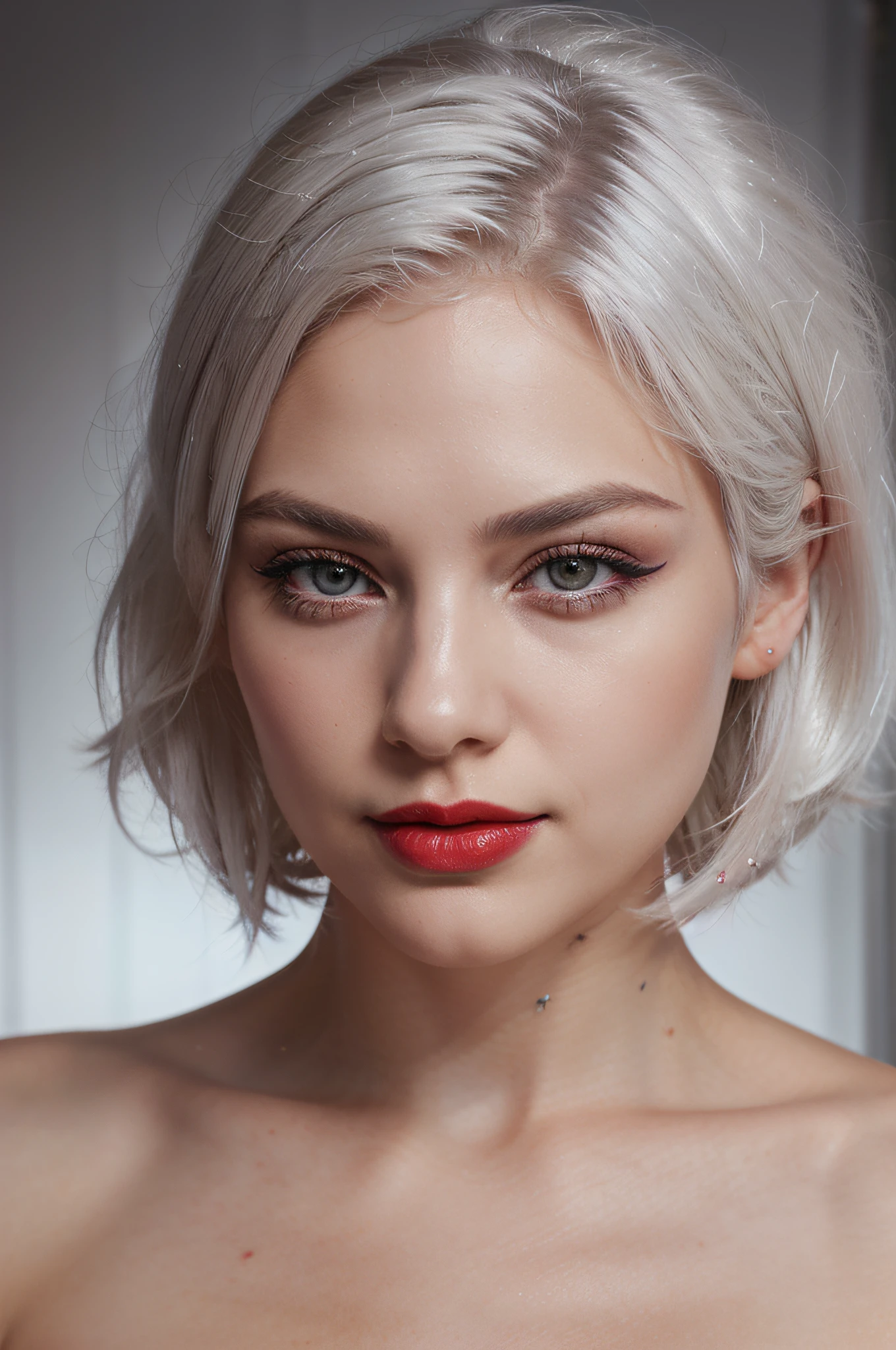 beautiful woman, age 26, white hair, shoulder length, slight smile on lips. Stunning eye make up, red lipstick, dark eye color, perfect digital photograph, portrait, head shot, crisp, Nikon D850, ISO 200, photographic quality, photorealistic