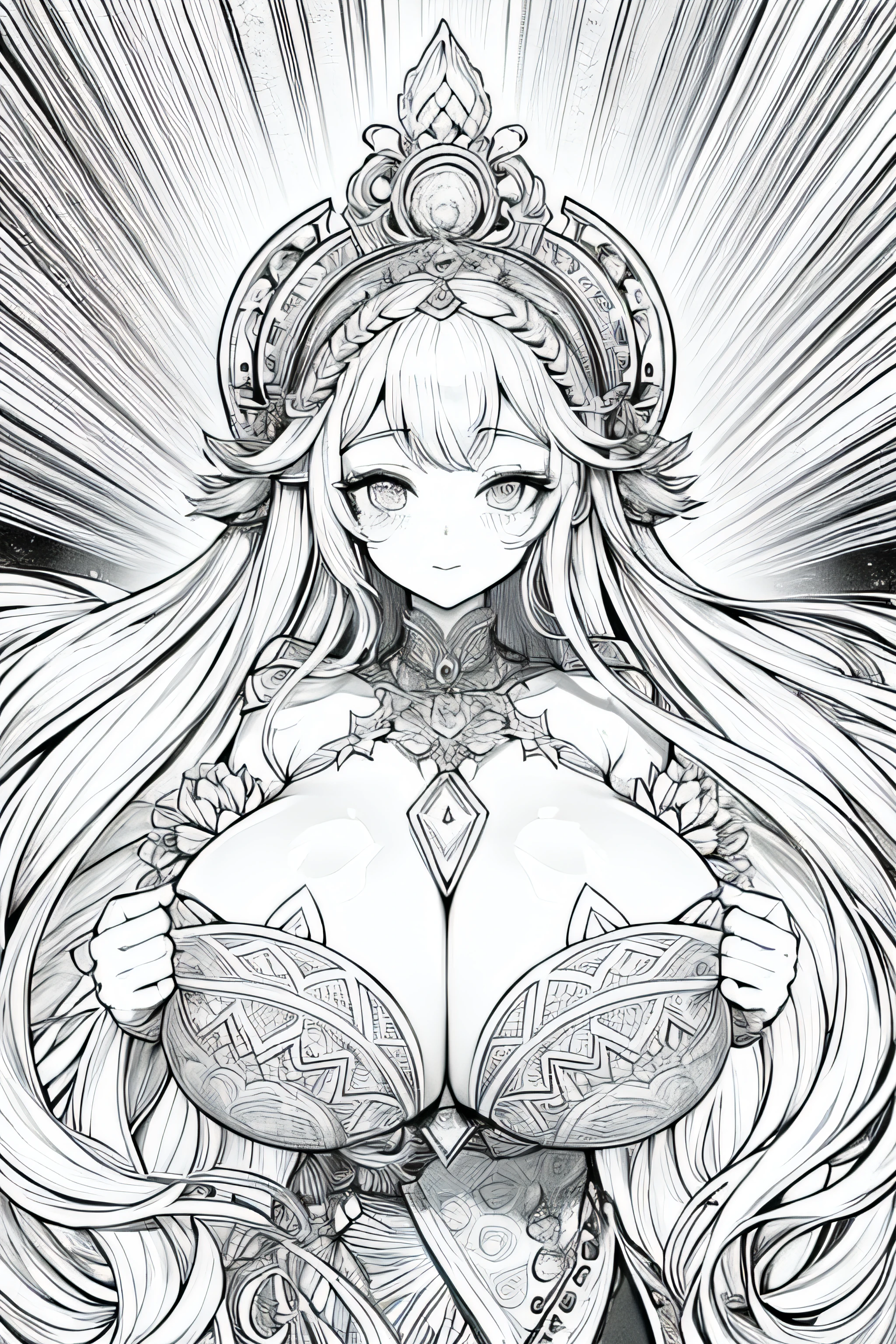 Line art of goddess , mono color, gigantic breast, lineart, monochrome