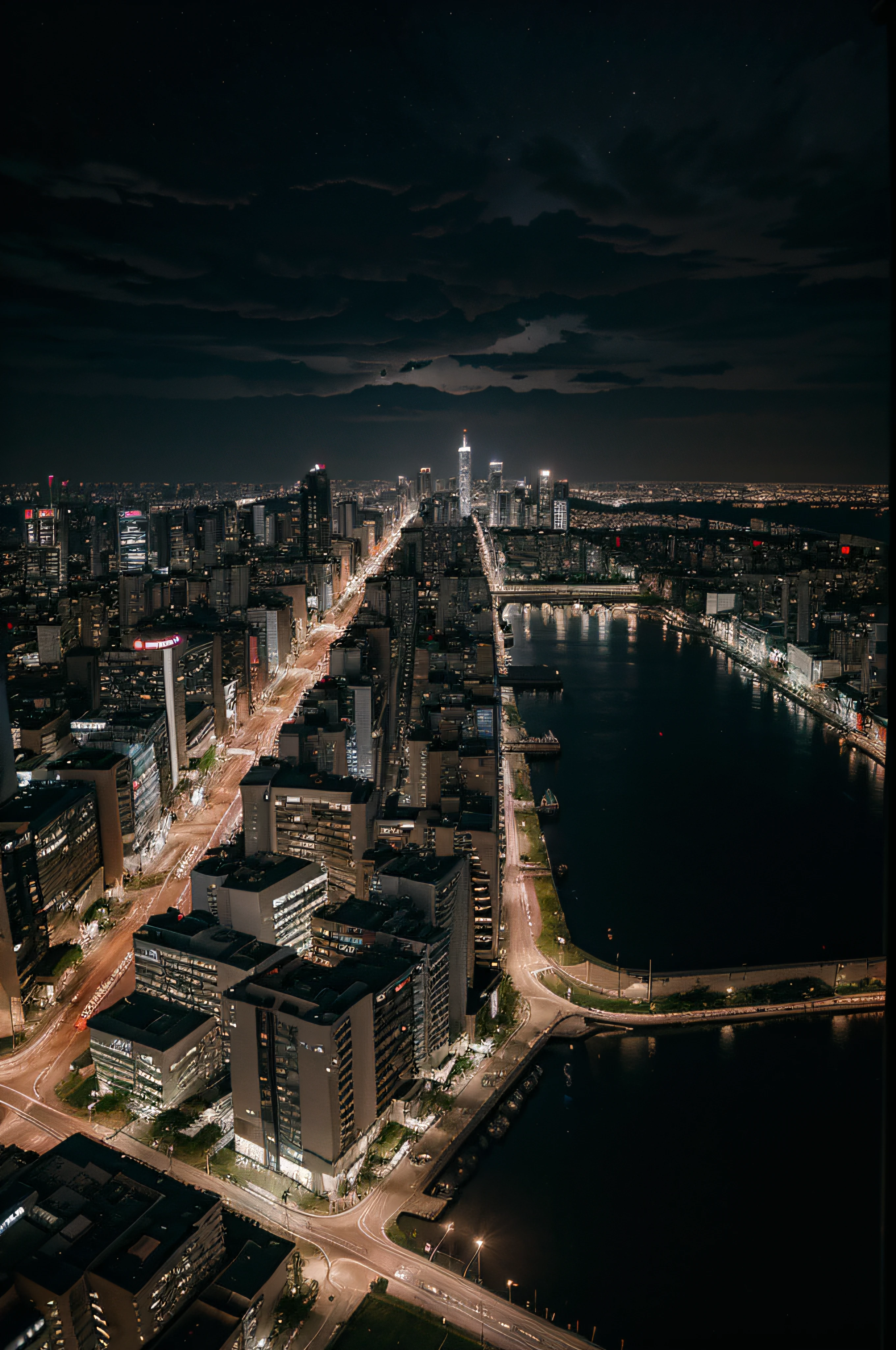 /imagine a digital painting of a modern city at night, the large urban center of São Paulo, illuminated city, scene seen from above, view from the window of a very tall building, view from the roof of a skyscraper, HDR, 8K, cinematic lighting, neon light panels of various colors, car lights, dark skies, dark clouds and a bright moon overhead.