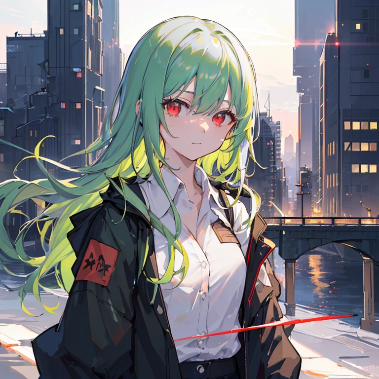 1girl in, 独奏, Lori, 小柄,(Night_skyporn), (very_long_Green_hair), short hair,straight across bangs, (Red_Eyes), Medium_small tits, (white_Shirt:1.5), (windbreaker), (portlate), blazing_Eyes, Background_light, (Cityscape:1.5), (neons_A light:1.2), (scienc), cyberpunked, ((masterpiece)), (Hi-Res), (best_quality), (highly_Detailed), (Original),(Delicate background),(Very detailed 8k wallpaper),cinematlic lighting, Volume Lighting, light Particle, Shaded_Face, Beautiful_Detailed_Eyes, Depth_In the_field、point of view、