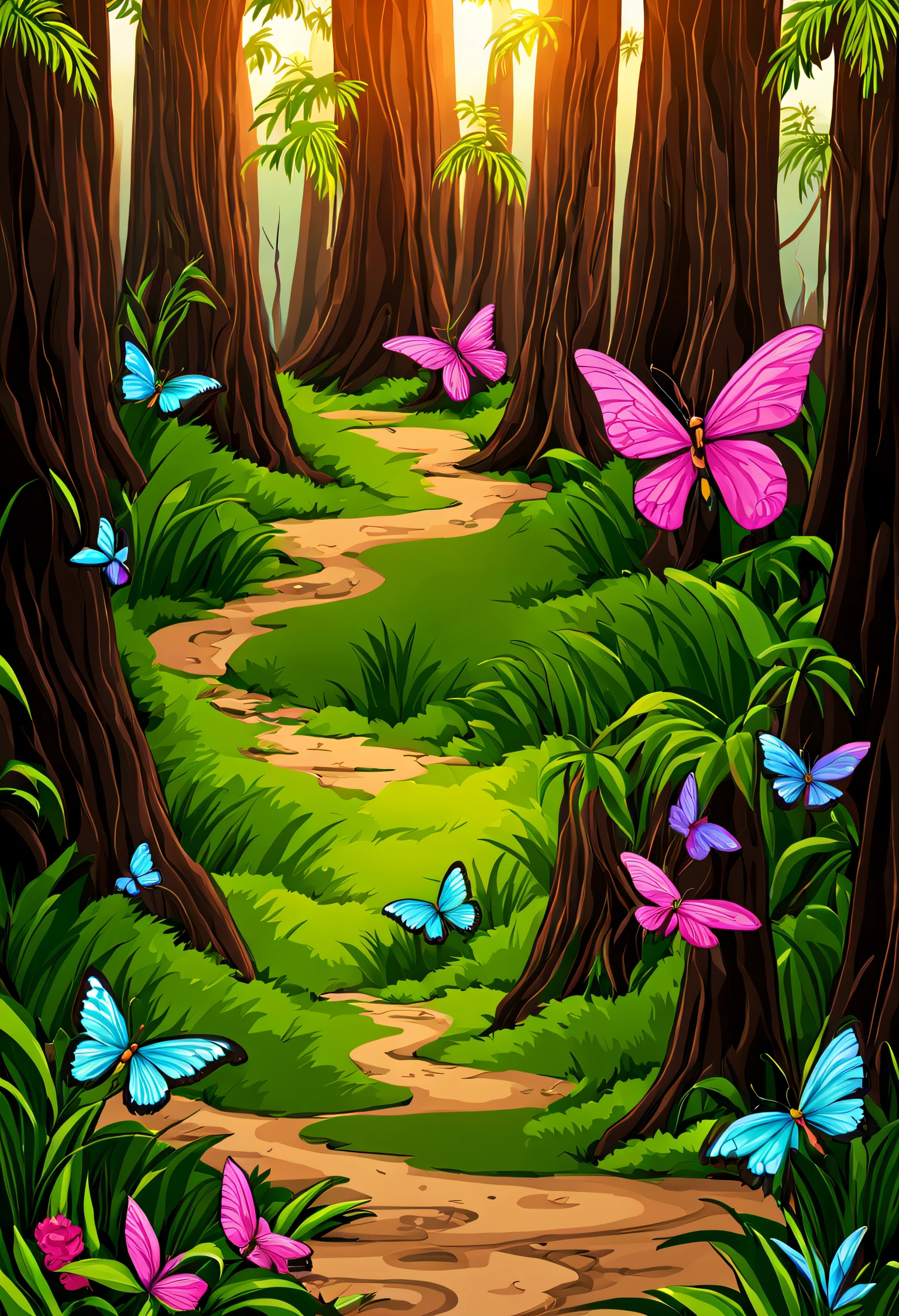 "Illustrate a charming anime-style forest setting, with leafy trees, flores coloridas, Dancing butterflies, uma raposa curiosa, coruja fofa, uma joaninha exploradora e passaros cantando nas copas. Highlight the vibrant colors and magical atmosphere of twilight. Transmita a serenidade da raposa e a leveza das borboletas neste mundo encantado. Usando esquema de cores verde e roxo, Cores roxo e verde, Purple themed, bolo', exuberante floresta de fadas.