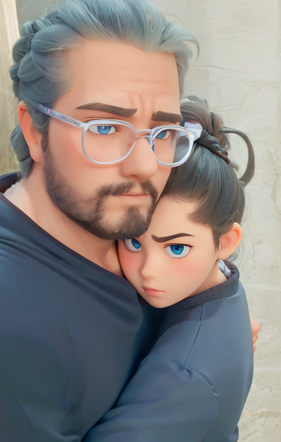Couple side hugging poster about young very tiny adult white female and young so big boy like gym boy. Girl has crystal blue eyes. boy has brown eyes and wearing clear spects. Both has black eyebrows. Both has black long knot hari. boy has black knot hair bun. make it a disney pixer 3d animation
