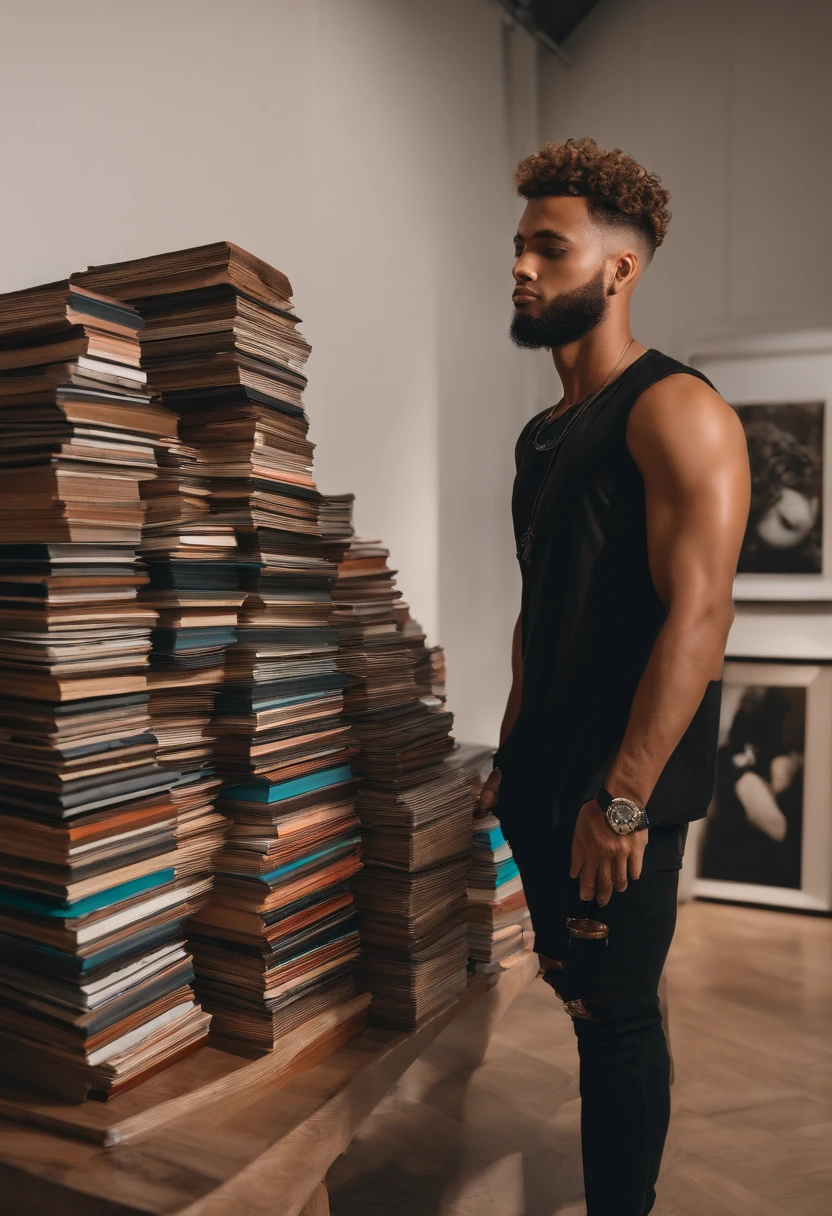 The image is of the character posing next to a stack of NFTs in a trendy art gallery in Miami.,original,25 years old, has shaved sides but curly hair on top. Lives in Miami. Drives a g wagon,