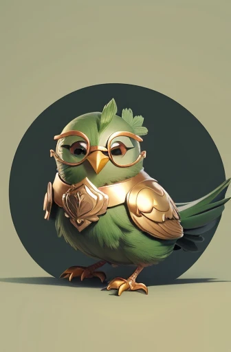 masterpiece, best quality, 1 green bird, cute, small, round body, cute face, Indonesian, glasses, golden armor, simple background, solo