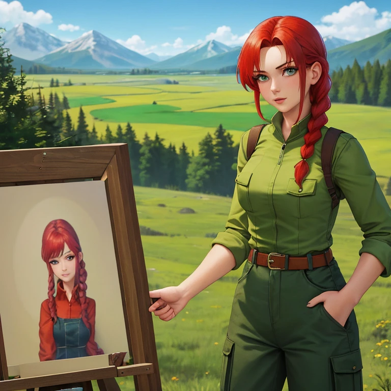1girl, pretty face, 25 years old, red hair, braid on shoulder, green shirt, green vest, gray cargo pants, belt BREAK standing at easel, painting a landscape, open meadow, forest, mountains in the background