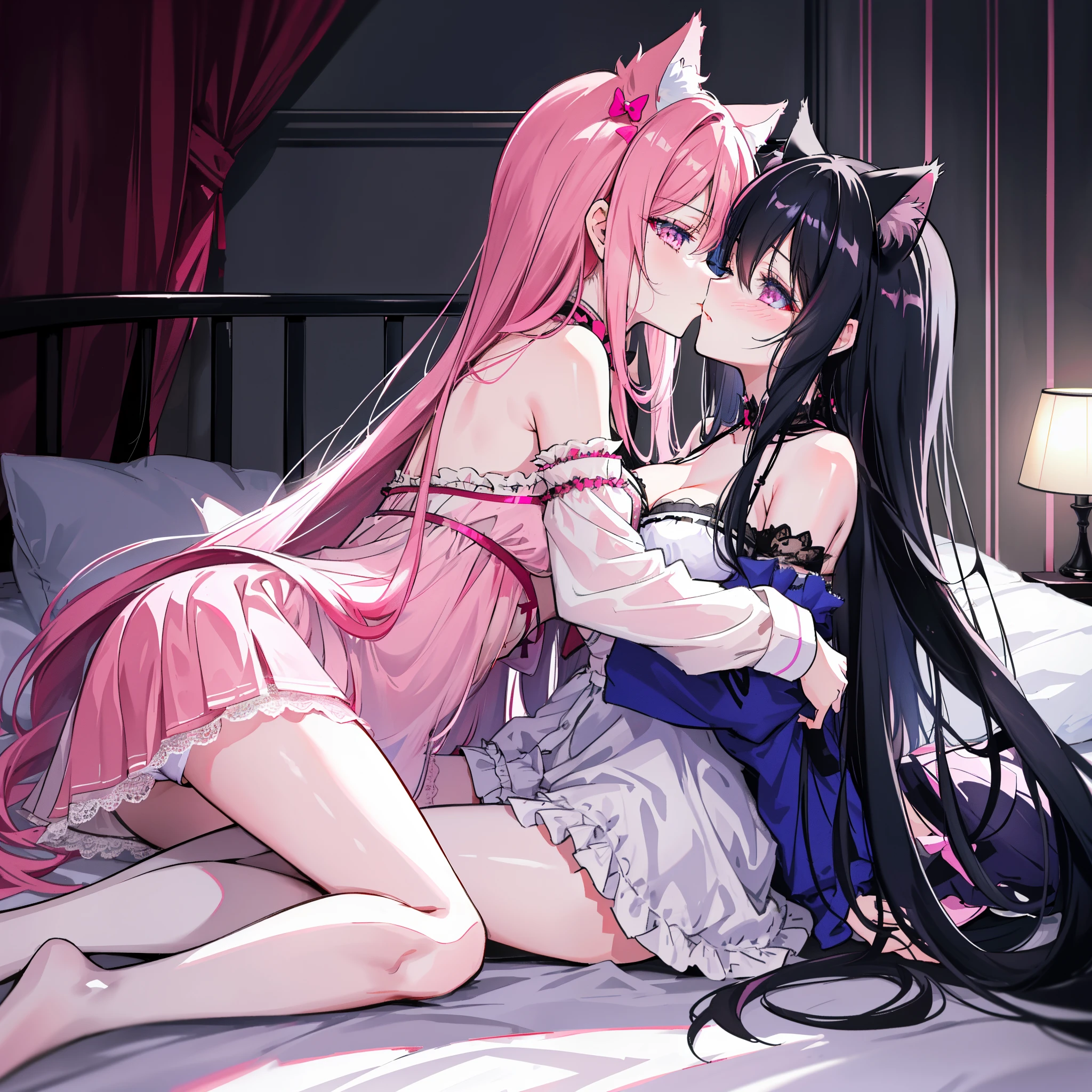 girls kiss in bed, (the first girl has long black hair, blue eyes, cat ears, black horns, succubus wings) (the second girl has long pink hair, pink eyes, cat ears), the highest quality of the master's masterpiece with high resolution, high detail, on a beautiful cute crib, I sleep with my eyes closed, Midnight, Clothes are disheveled.、They kiss.、Erotic