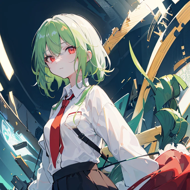1girl in, 独奏, Lori, 小柄,(Night_skyporn), (very_long_Green_hair), short-haired, (Red_Eyes), Medium_small tits, (white_Shirt:1.5), (windbreaker), (portlate), blazing_Eyes, The background is transparent, ((masterpiece)), (Hi-Res), (best_quality), (highly_Detailed), (Original),(Very detailed 8k wallpaper),cinematlic lighting, Volume Lighting, light Particle, Shaded_Face, Beautiful_Detailed_Eyes, Depth_In the_field、point of view、