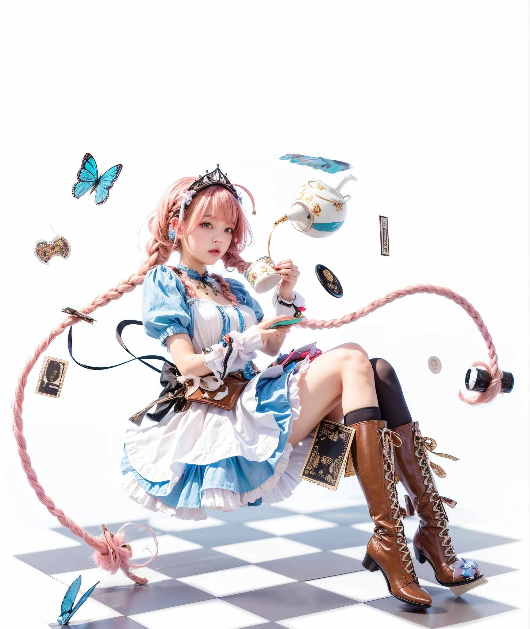 Girl with long pink hair, two long braids, blue and white dress, black stockings, brown boots, holding a tea cup