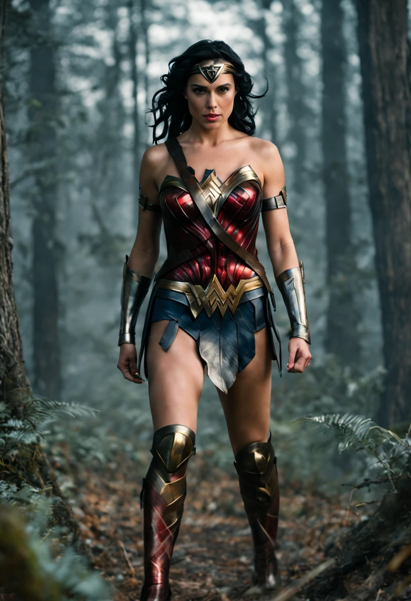 Wonder Woman, Walking through a spooky forest, Looking at the camera in an intimidating way, Concept art, Standard, Post modern, Surreal, Ultra photoreal, Ultra detailed, Intricate details, Sharp focus, Realistic CGI, Octane render, Front light, Cinematic, Soft lighting, Cinematic Still Shot, Nikon, Long exposure, Symmetrical, ISO800, Full HD --q 0.5