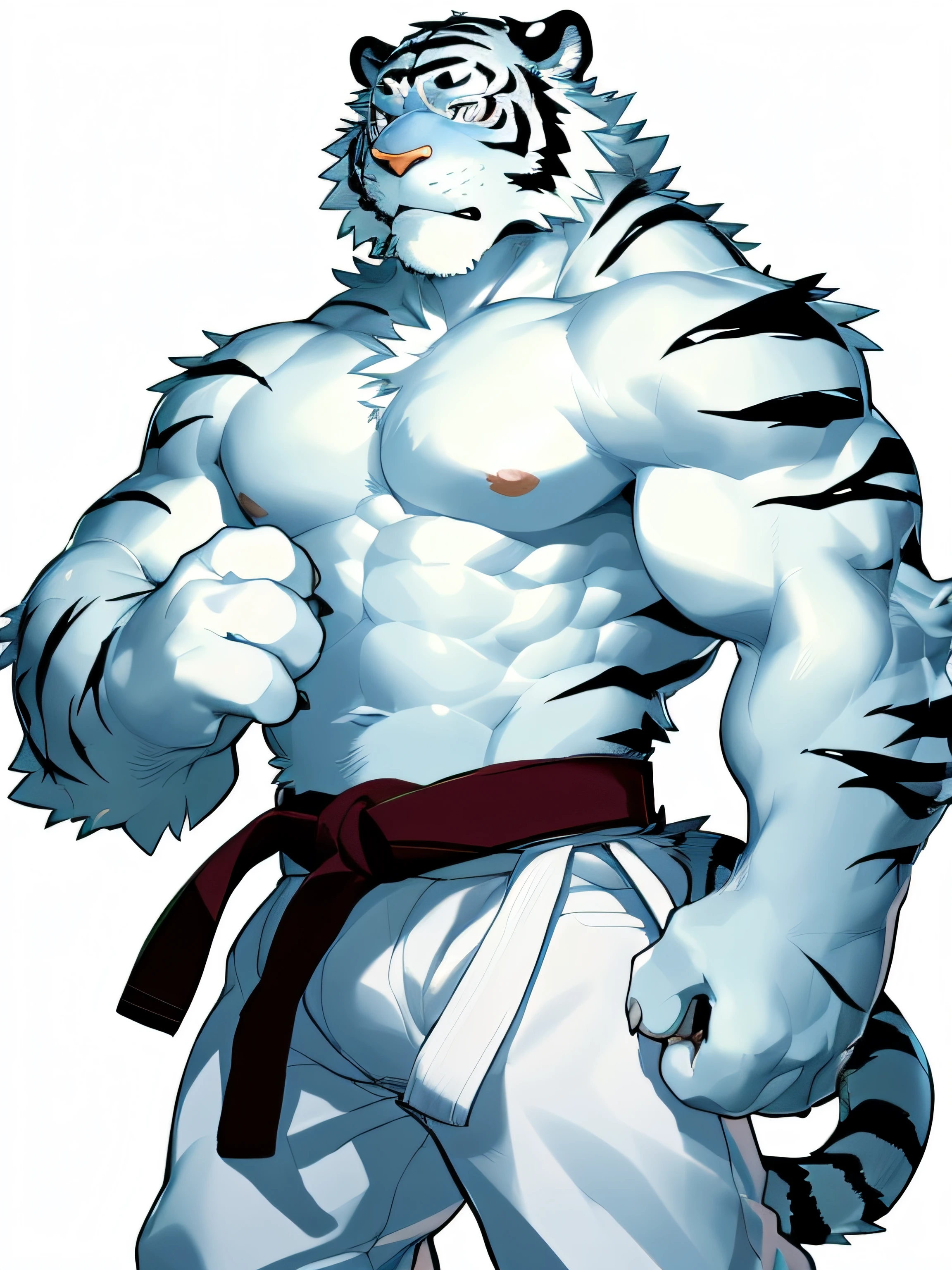 hi res,(tiger, finless tiger), anthro,4 fingers, white pants, karate black belt, male, muscular, muscular anthro, muscular male, tail, light blue body, solo, white background, by milkytiger1145, by takemoto arashi,by null-ghost, cold atmosphere, agresive face, soft blue blush