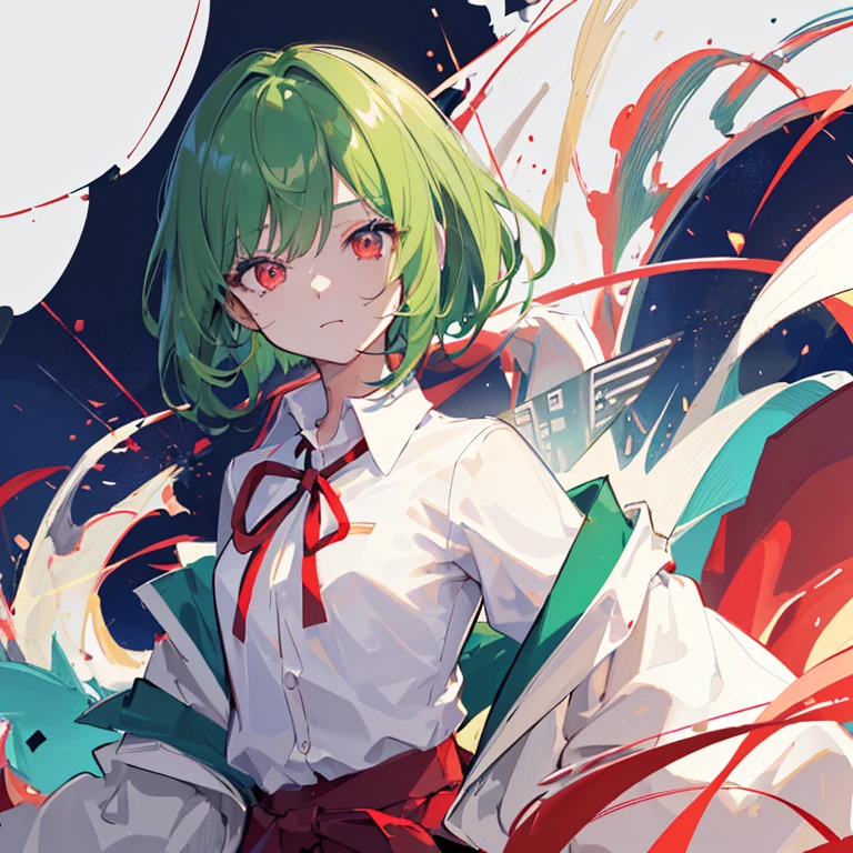 1girl in, 独奏, Lori, 小柄,(Night_skyporn), (very_Curta_Green_hair), Hairstyle Bob, (Red_Eyes), Medium_small tits, (white_Shirt:1.5), (windbreaker), (portlate), blazing_Eyes, The background is transparent, ((masterpiece)), (Hi-Res), (best_quality), (highly_Detailed), (Original),(Very detailed 8k wallpaper),cinematlic lighting, Volume Lighting, light Particle, Shaded_Face, Beautiful_Detailed_Eyes, Depth_In the_field、point of view、frontage