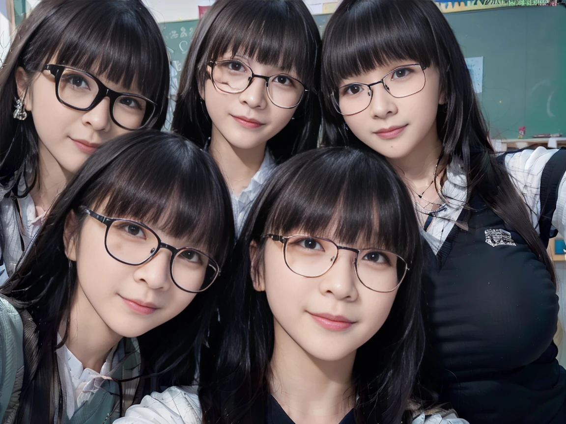 a picture、6+girl with、Black-rimmed glasses、((((Gigantic Breasts))))、matching school uniform、matching black-rimmed glasses、7 cute 18 year old girls with long black hair and big breasts、a smile、selfee、‎Classroom、Raw photo、The same face、clones、Raw photo、same person