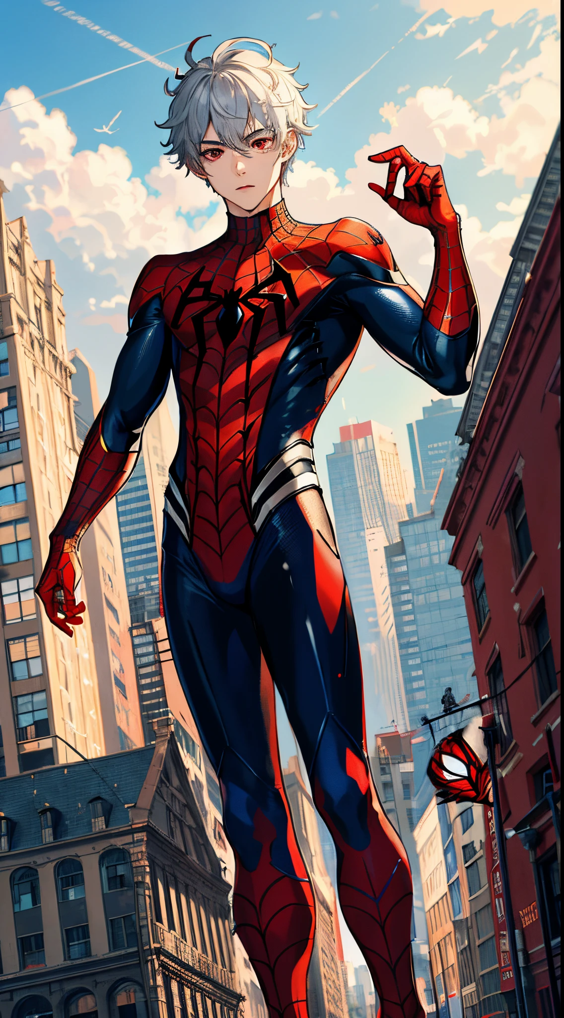 (absurdres, highres, ultra detailed), masterpiece, best quality, solo, a boy with white short 
hair,red eye,spiderman style, messy hair hairstyles, spiderman custom,at the top of the building ,Full Face