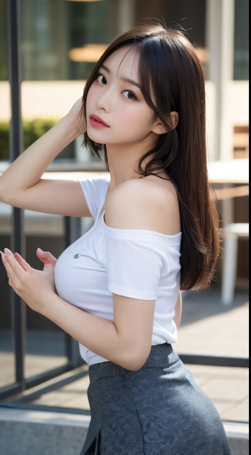 Innocent 18 year old girl、((flare miniskirt,white t-shirts,Dramatic poses)),Smile,short-cut,Park background、Raw photo, (8K、top-quality、masterpiece:1.2)、(intricate detailes:1.4)、(Photorealsitic:1.4)、octane renderings、Complex 3D rendering ultra detail, Studio Soft Light, Rim Lights, vibrant detail, super detailing, realistic skin textures, Detail Face, Beautiful detail eyes, Very detailed CG Unity 16k wallpaper, make - up, (detailedbackground:1.2), shinny skin, Full body、From head to thigh、cleavage of the breast,((pulling the hands up,Sit on a bench with both legs open))