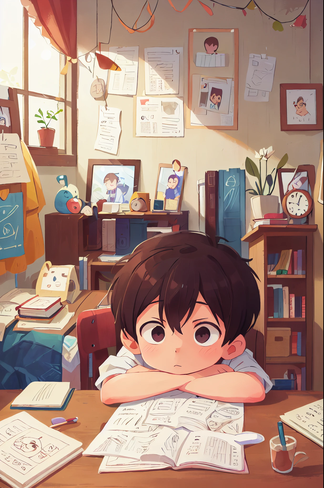 12 years old, !one side of the eye color is blue and the other is brown color,) looking down writing, cute cartoon, young boy studying at his desk in a poor environment of his home, alone one Brazilian, writing on papers written in paleo Hebrew, in his room alone