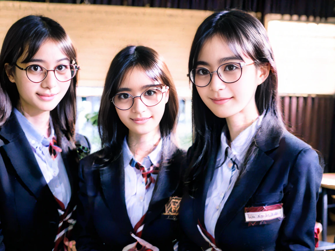 a picture、6+girl with、Black-rimmed glasses、((((Gigantic Breasts))))、matching school uniform、matching black-rimmed glasses、7 cute 18 year old girls with long black hair and big breasts、a smile、selfee、Classroom、Raw photo、The same face、clones、Raw photo、same person