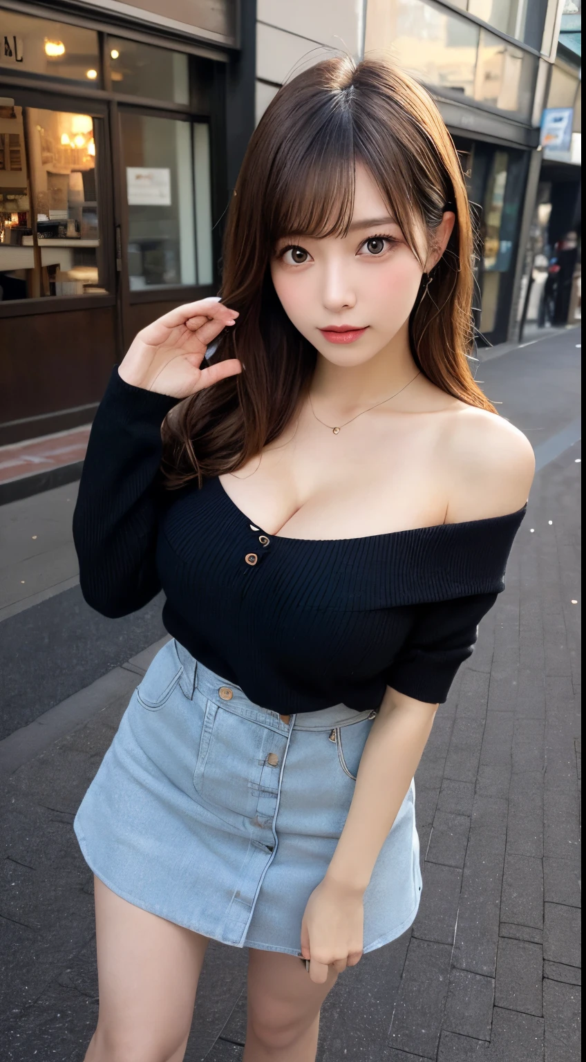 finely detail, hight resolution, hightquality、Perfect dynamic composition, Beautiful detailed eyes, Medium Hair, small tits、Natural Color Lip,Kamimei、Shibuya、20 years girl、1 persons、Transparent skin、Glowing hair、masutepiece, Best Quality, Ultra-detailed, finely detail, hight resolution, 8K、The correct state of the human body、Gravure Model Pose,Photographed with hair fluttering in the wind,The whole body is reflected((nature cafe background)),((Colossal tits:1.3)),((I can see the cleavage:1.5,large off-shoulder knit sweater:1.5,My clothes are off and my shoulders are visible,Without shoulder straps,pleatedskirt)),((stretch your hands and lean forward,thigh visible)),((Angle looking down from above))